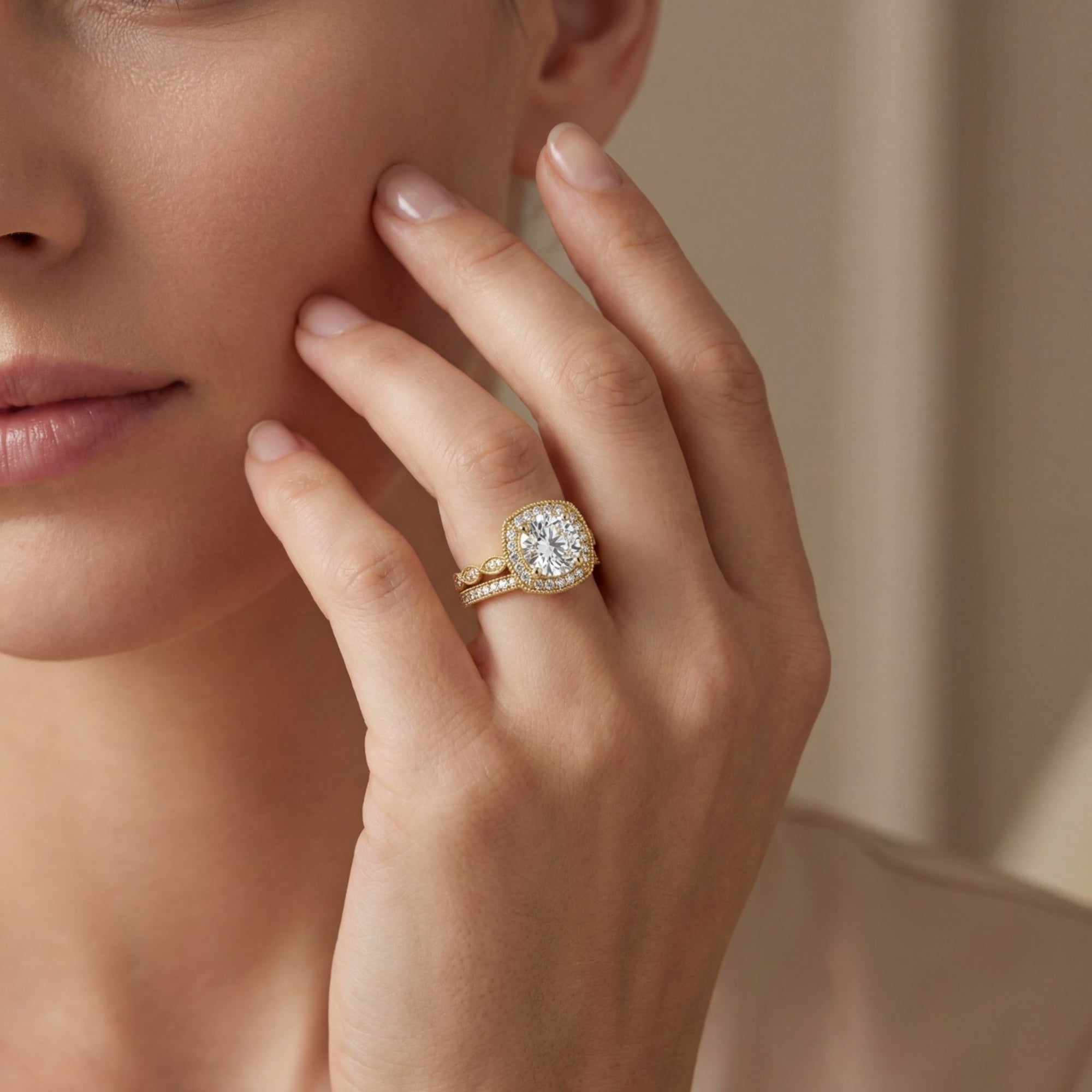 Shop MYZA 2.305 Ct IGI Certified Round Brilliant Lab-Grown Diamond Halo Stack Ring in 18K Hallmarked Gold with 87 side diamonds. Ethical luxury, certified brilliance.