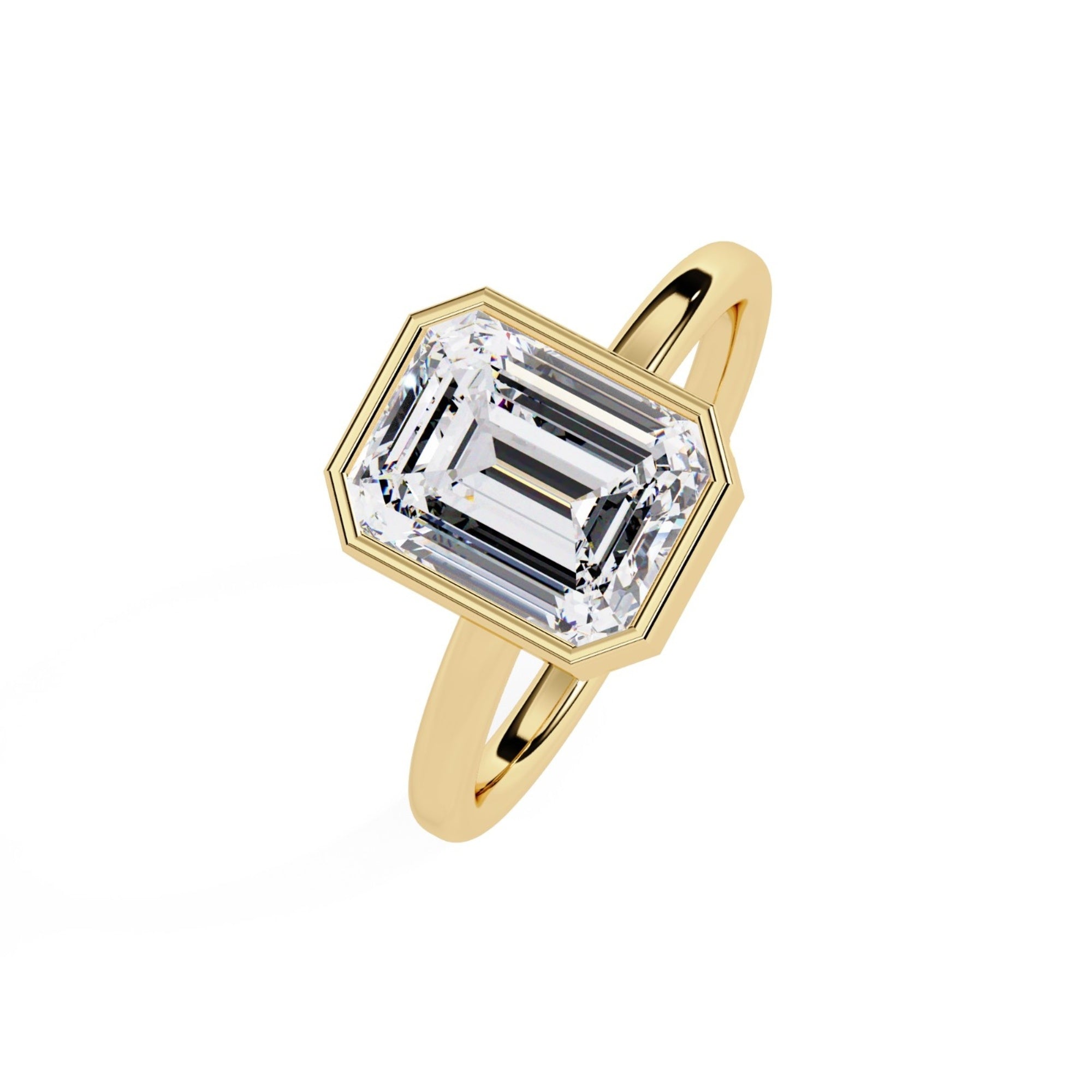 Shop MYZA's 2 carat IGI certified emerald cut lab-grown diamond bezel set engagement ring in 18K hallmarked gold. Ethical luxury, certified brilliance.