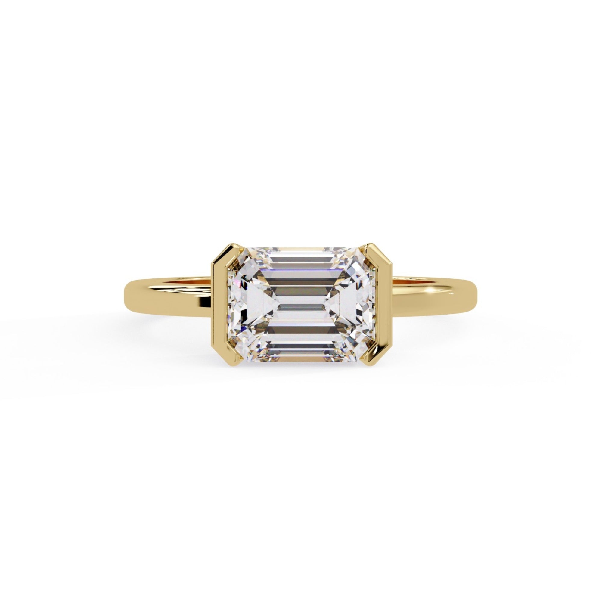 Shop MYZA 2 Carat IGI Certified Emerald Cut Lab-Grown Diamond Bezel Engagement Ring in 18K BIS Hallmarked Gold. Ethical luxury, conflict-free, made in India.