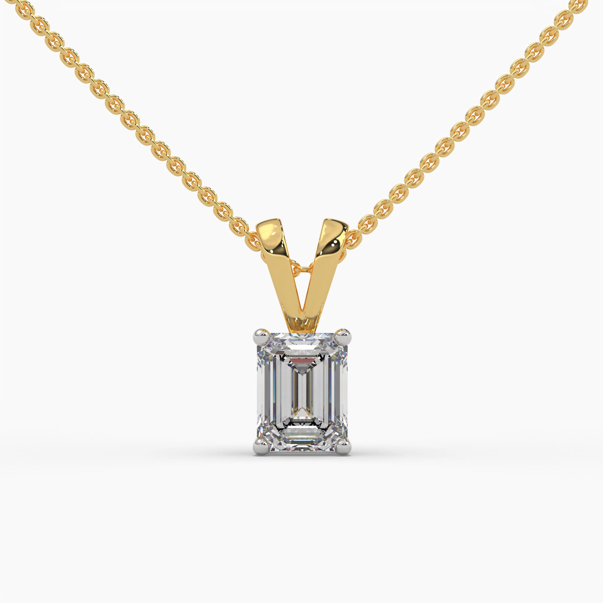 Close-up of a lab-grown diamond pendant featuring an emerald cut solitaire stone, set with a delicate gold chain. This elegant and eco-friendly diamond necklace designed by MYZA Diamonds, is perfect for women seeking sustainable luxury jewelry.