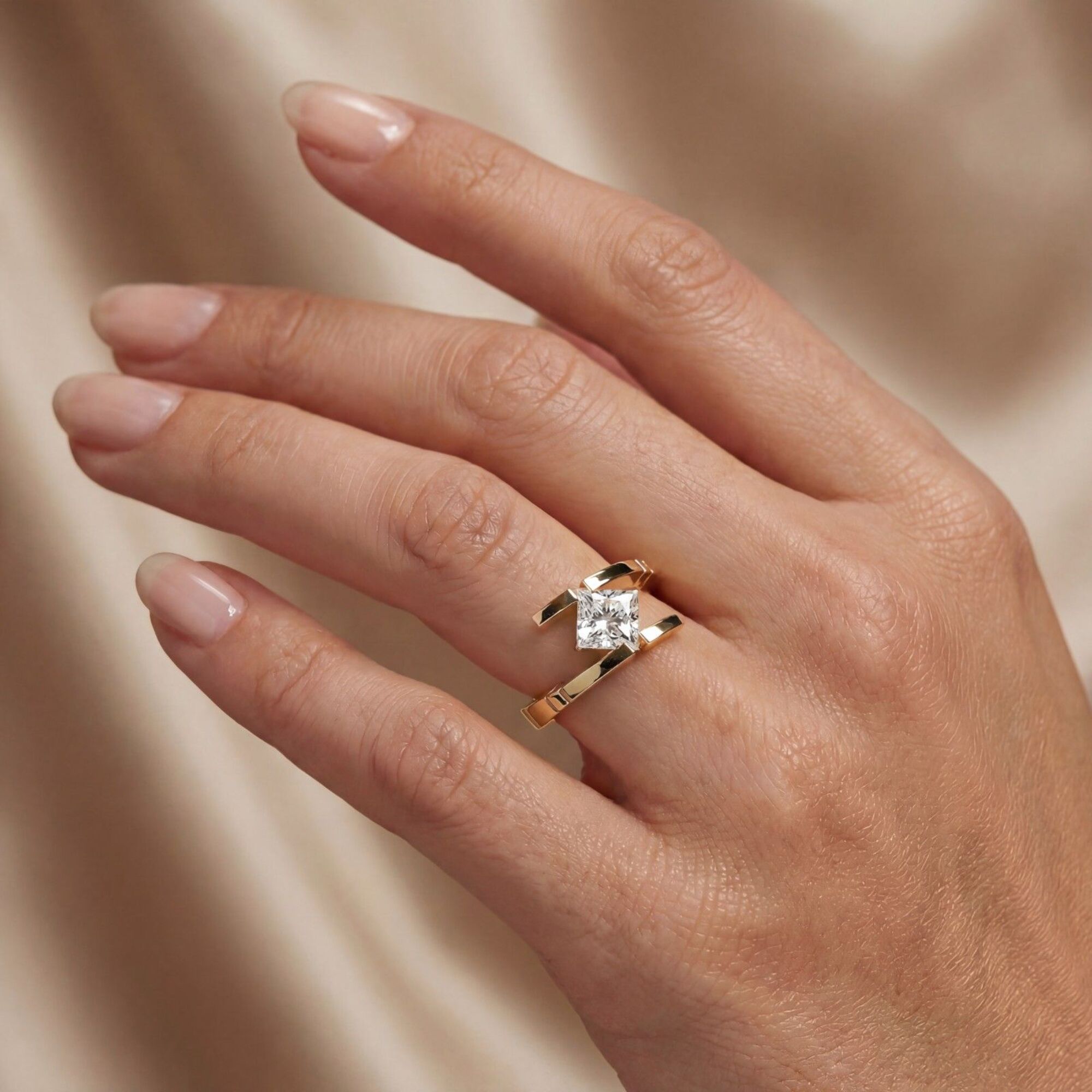 Shop MYZA's 1 Carat IGI Certified Princess Cut Lab-Grown Diamond Ring in 18K Hallmarked Gold. Ethical, brilliant & BIS certified. Free shipping across India.