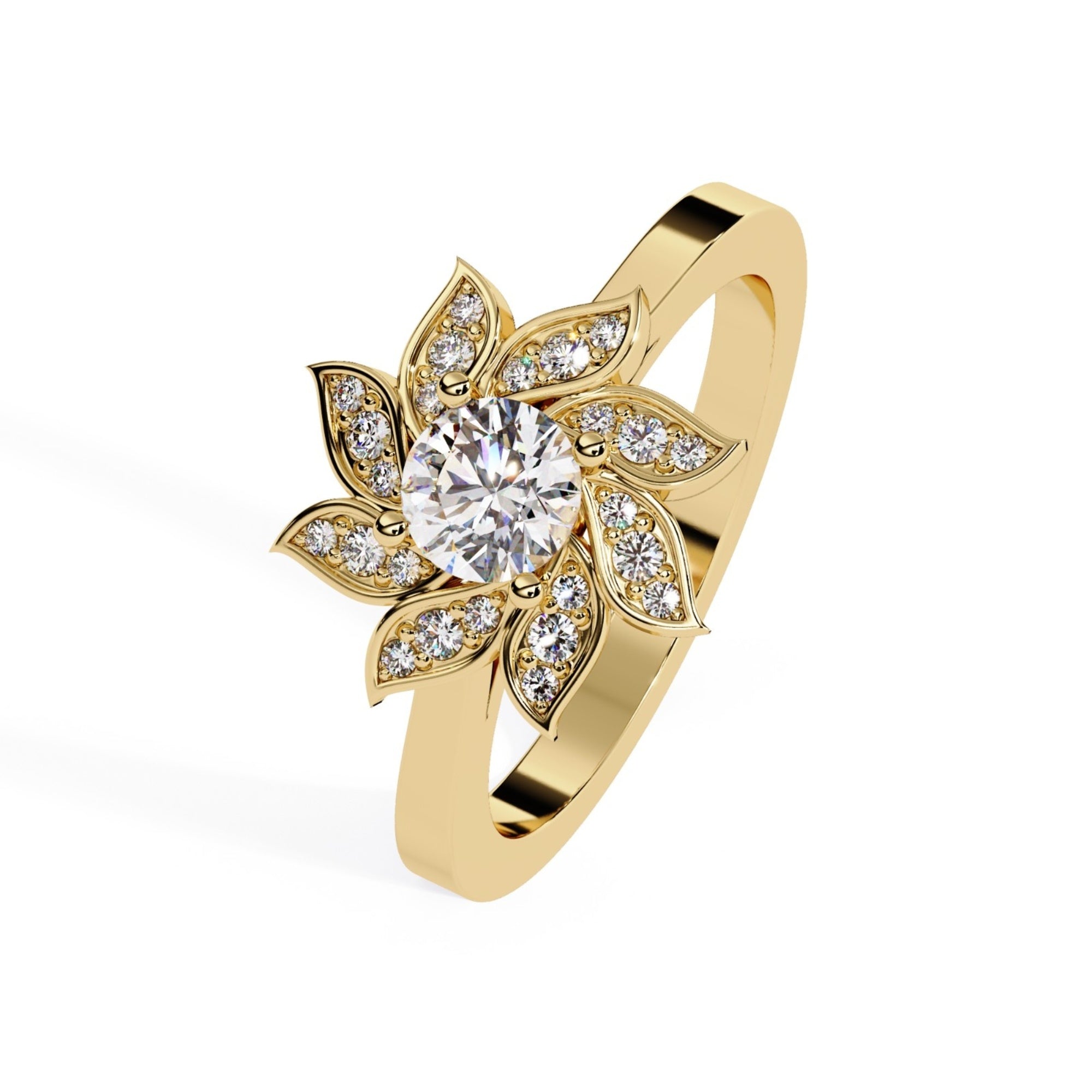 Shop MYZA's 0.50 Ct IGI Certified Round Brilliant Lab-Grown Diamond Floral Ring in 18K Hallmarked Gold. Ethically crafted. BIS Hallmarked. Free shipping in India.