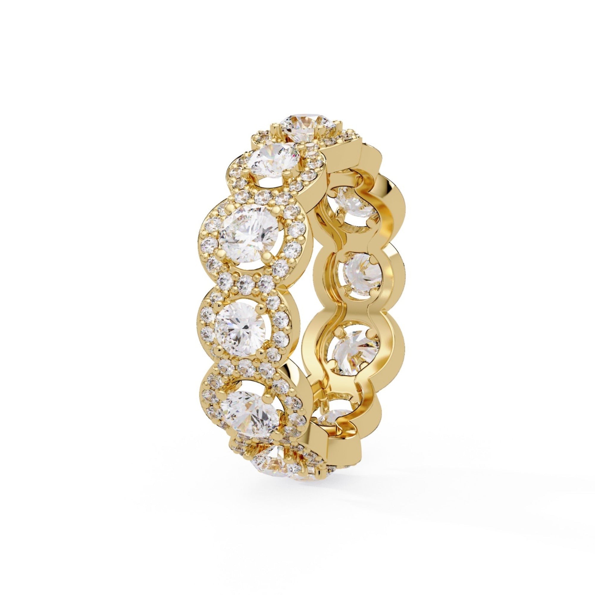 Shop MYZA's 4.065 carat IGI certified lab-grown diamond halo band ring in 18K hallmarked gold. 147 round brilliant cut diamonds. Ethical luxury, free shipping.