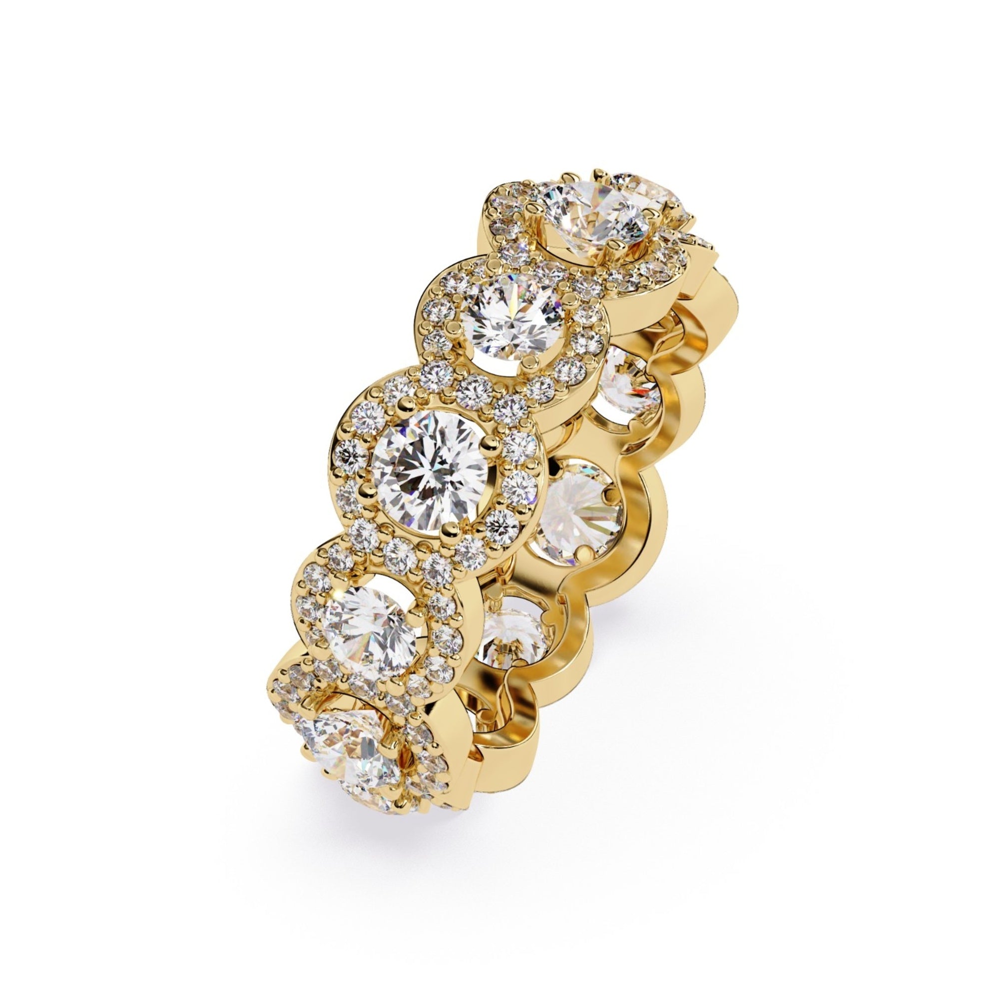 Shop MYZA's 4.065 carat IGI certified lab-grown diamond halo band ring in 18K hallmarked gold. 147 round brilliant cut diamonds. Ethical luxury, free shipping.