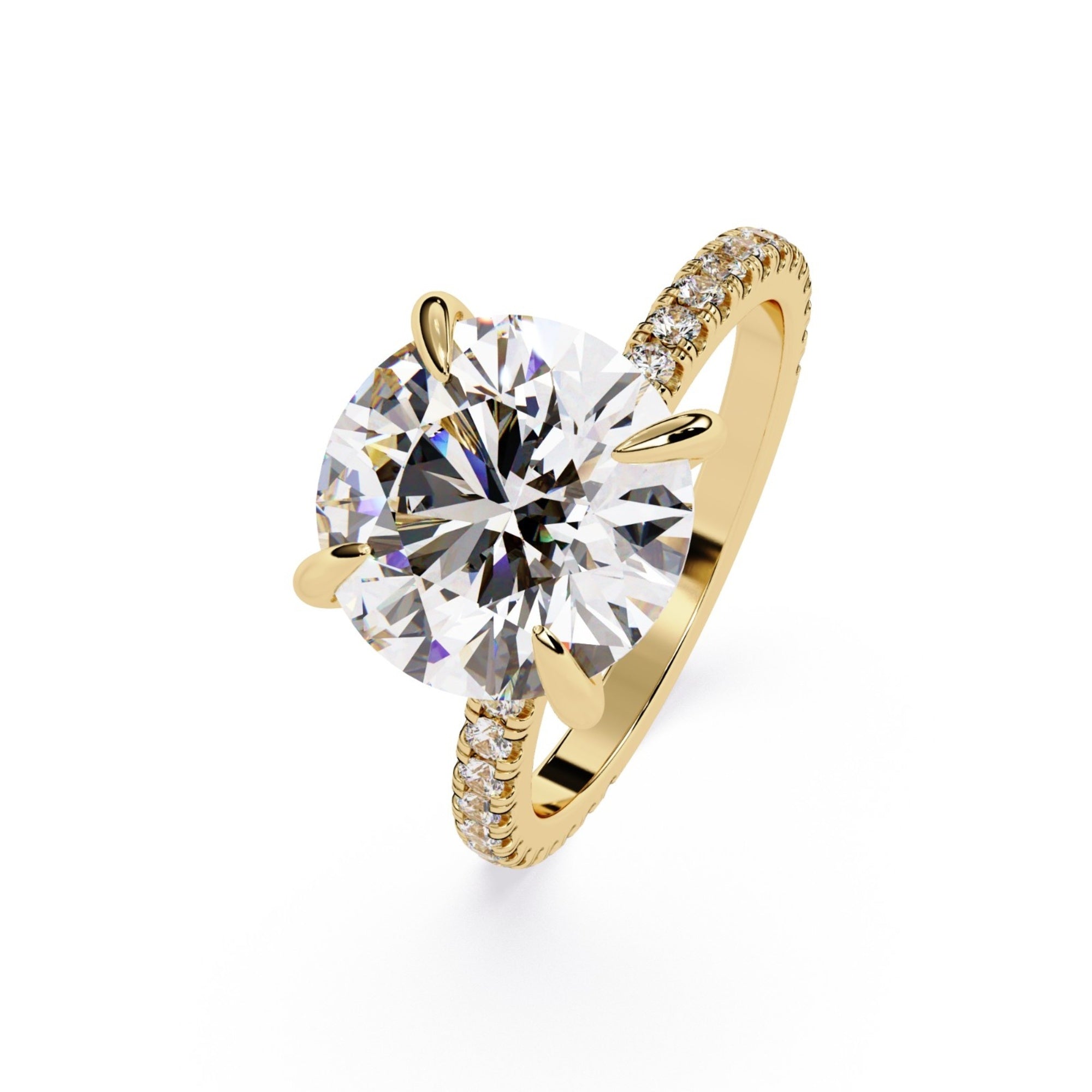 Elevate your forever with the MYZA 5 Carat Round Brilliant Cut Lab-Grown Diamond Ring — IGI certified, ethically crafted, and set in 18K hallmarked gold with 40 shimmering side diamonds.