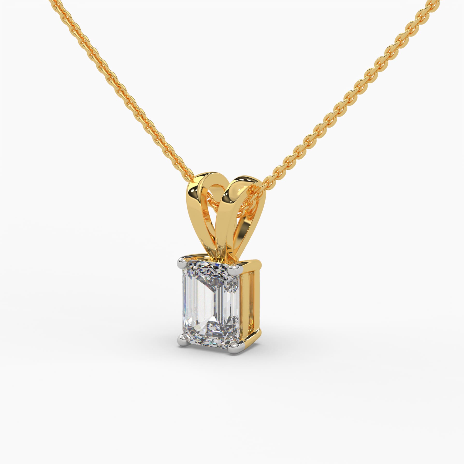 Front side view of an emerald cut lab grown diamond pendant with a gold chain, showcasing the stone’s clarity and refined solitaire setting. Luxurious and eco-friendly jewelry piece by MYZA Diamonds for women seeking sustainable elegance.