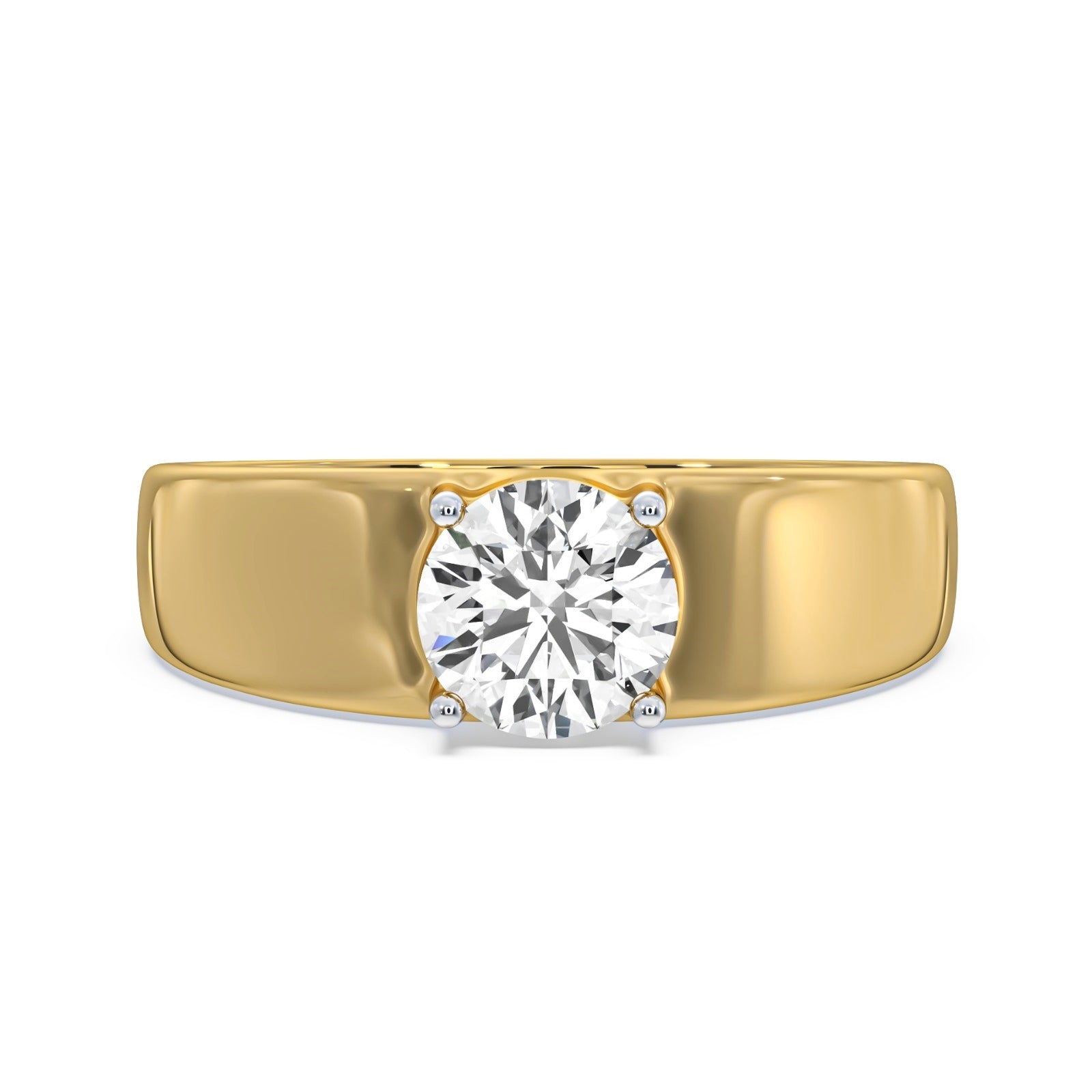 Front view of MYZA IGI Certified Lab-Grown Round Diamond Men’s Ring in 18K yellow gold, showcasing the centered round diamond and balanced gold band. A refined men’s solitaire diamond ring with timeless appeal and ethical brilliance.
