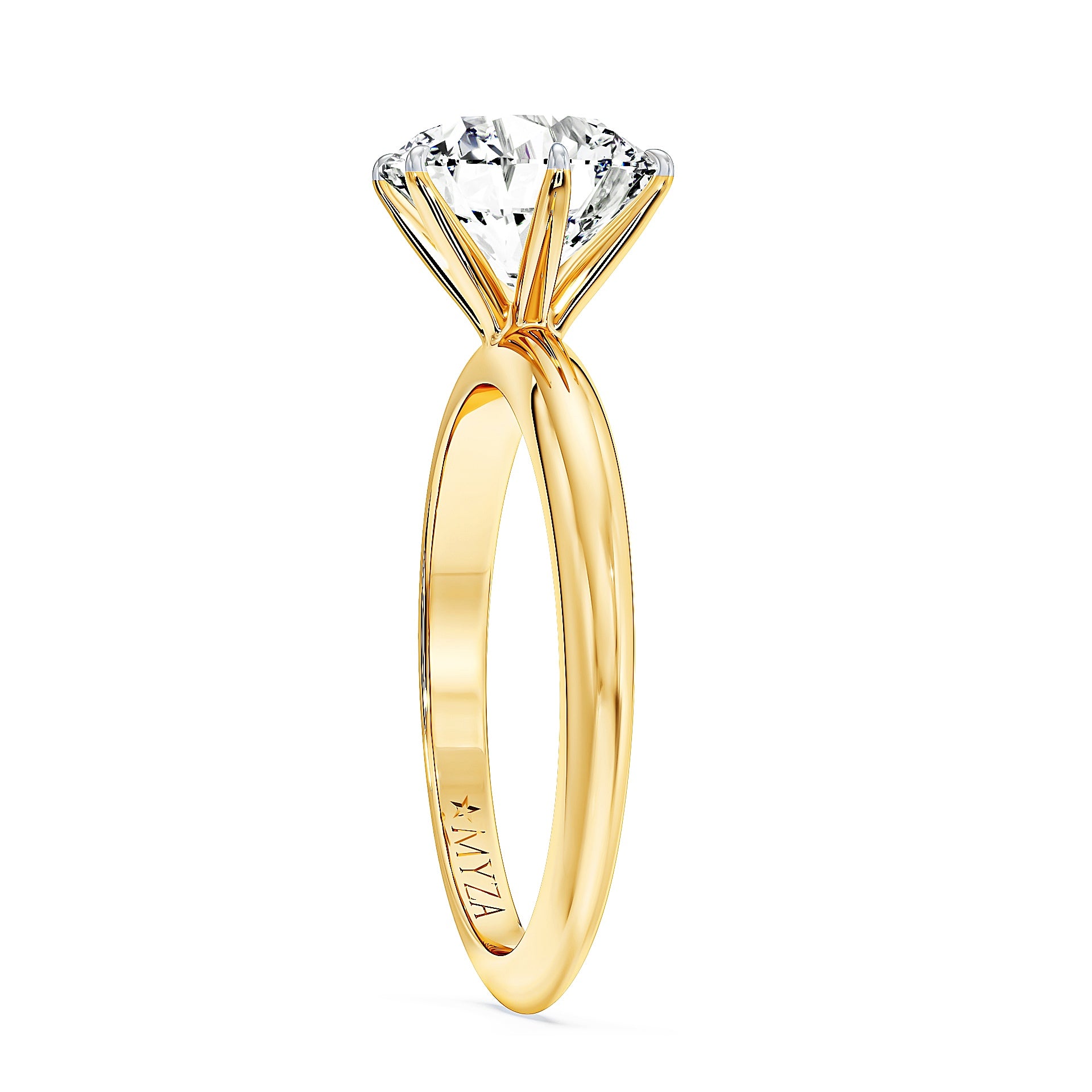 2-Carats Side view of MYZA 2 carats IGI certified lab-grown diamond ring in 18kt hallmark gold for women. ISO and BIS certification ensure quality. Ideal for those seeking certified diamond rings online.