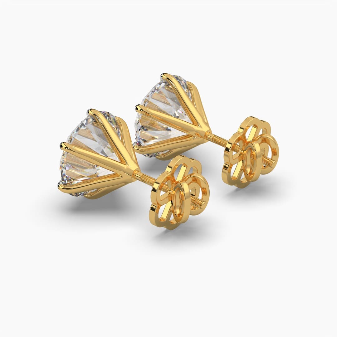 Explore MYZA's 4-carat IGI certified lab-grown diamond earrings in 18K hallmark gold from a side view. These exquisite earrings are designed to highlight the brilliance of each diamond, set in luxurious gold. Ideal for those who appreciate sustainable luxury, these earrings combine elegance with ethical craftsmanship. Shop now to add a touch of sparkle to your jewelry collection.