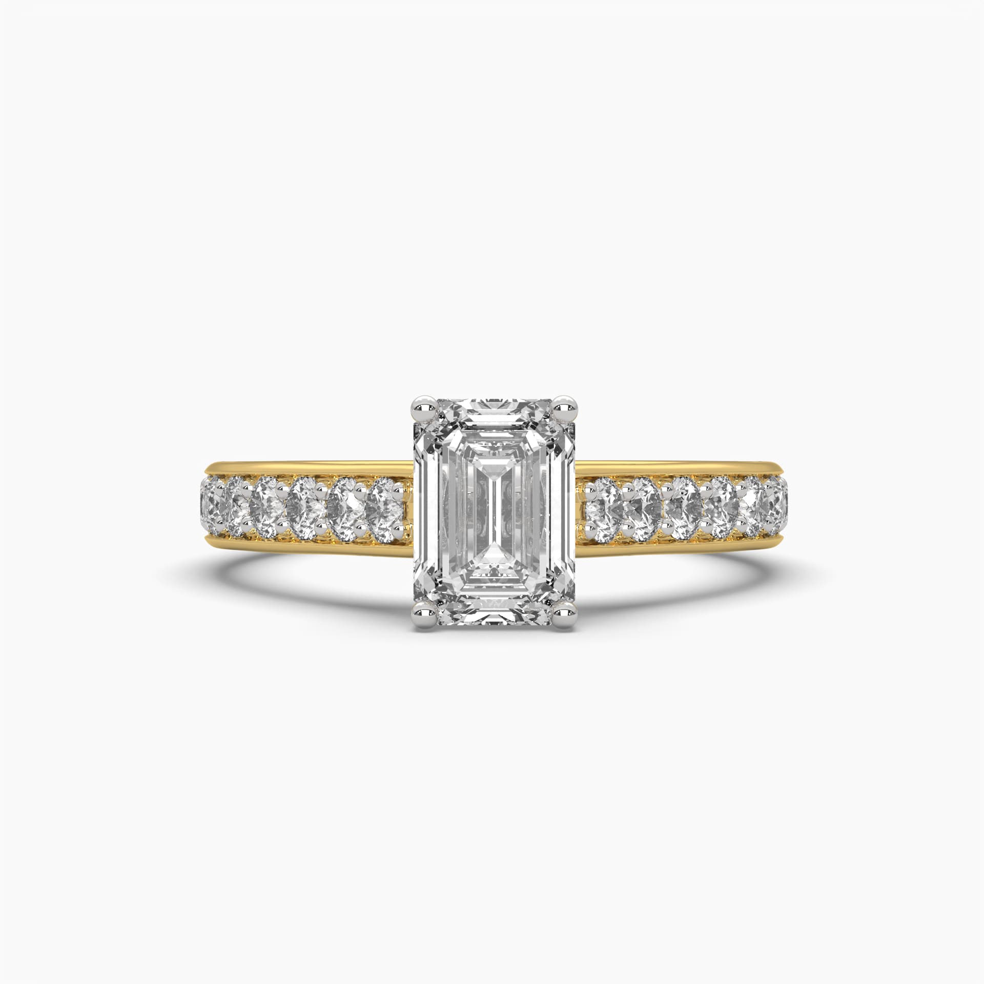 Close-up view of MYZA Diamonds' eternity band emerald cut lab-grown diamond ring in 18K hallmark gold. The ring features a continuous row of stunning emerald cut lab-grown diamonds, offering a luxurious and sustainable choice for an engagement or wedding ring, symbolizing everlasting love.