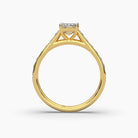 Top side view of MYZA Diamonds' eternity band emerald cut lab-grown diamond ring in 18K hallmark gold. The image highlights the continuous row of emerald cut diamonds set across the band, showcasing the brilliance and luxury of the sustainable design, perfect for engagement or wedding rings.