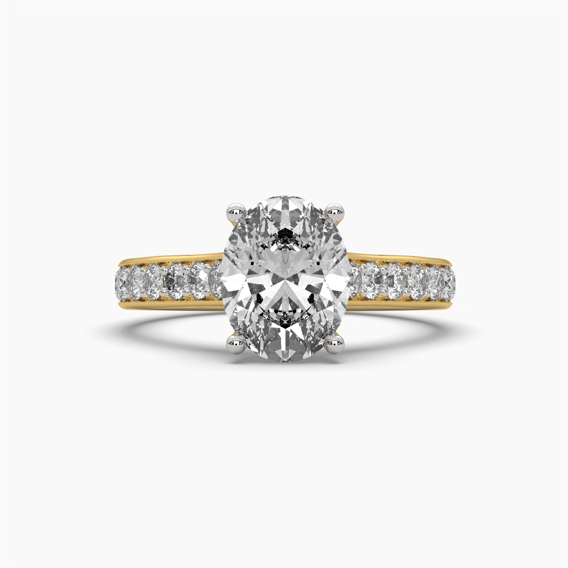 Front view of MYZA Diamonds' 2-carat oval cut lab-grown diamond ring in 18K hallmark gold. The image highlights the stunning oval cut diamond's brilliance and luxurious setting, showcasing the elegant band design, perfect for engagement or wedding rings with sustainable sophistication.