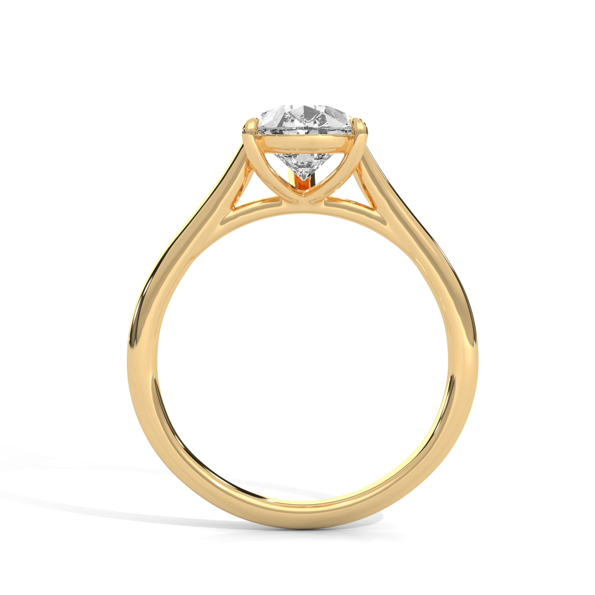 all-groups MYZA pear-shaped lab-grown diamond ring with a yellow gold band, shown in a standing side profile view. This image emphasizes the profile of the band and the elegant design of the ring, showcasing the high-quality craftsmanship and the luxurious appeal of the diamond.