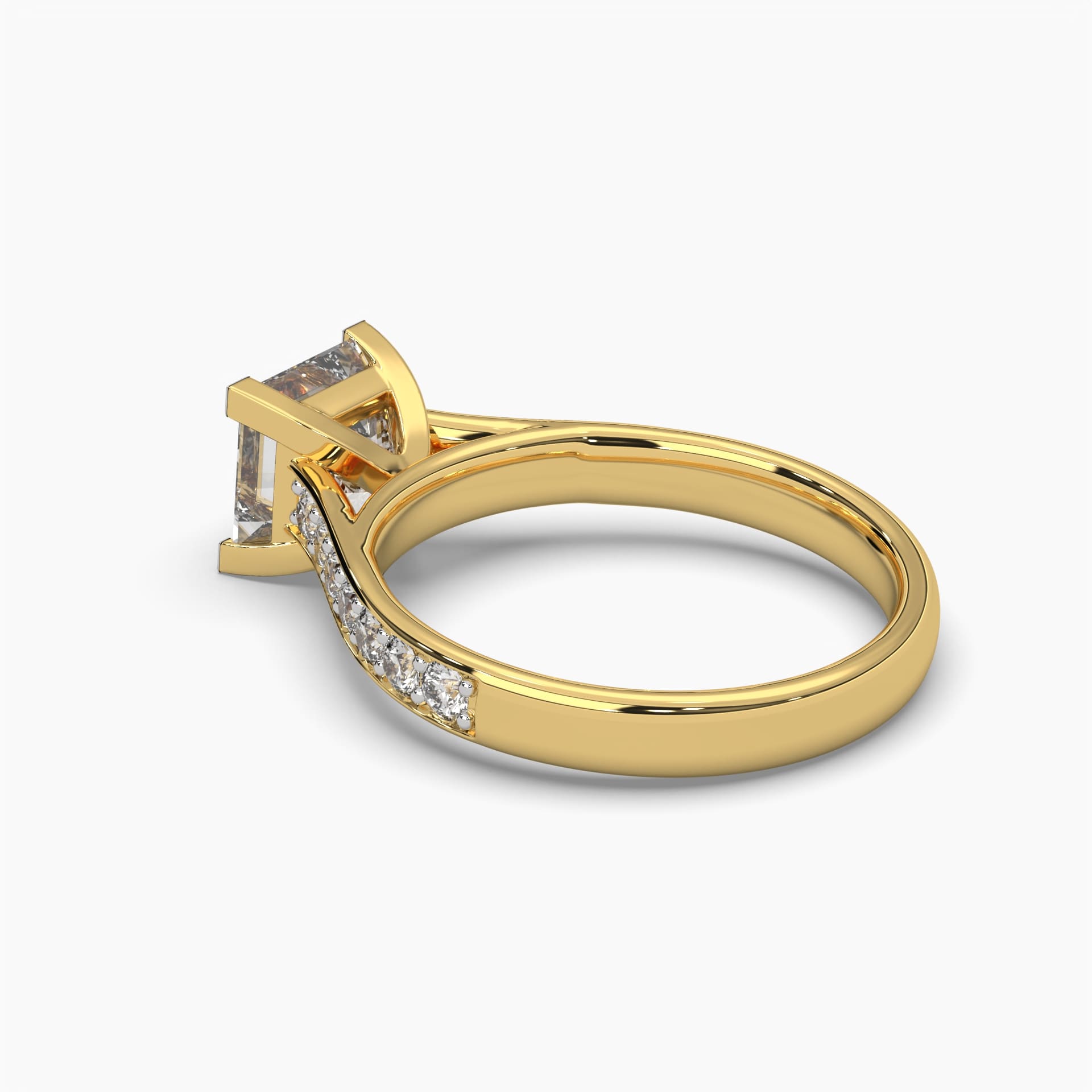 Side view of MYZA Diamonds' 2-carat eternity band with princess cut lab-grown diamonds in 18K hallmark gold. This angle showcases the sleek band profile, highlighting the precise setting of square-cut diamonds, with a focus on the ring’s elegant design and sustainable luxury.