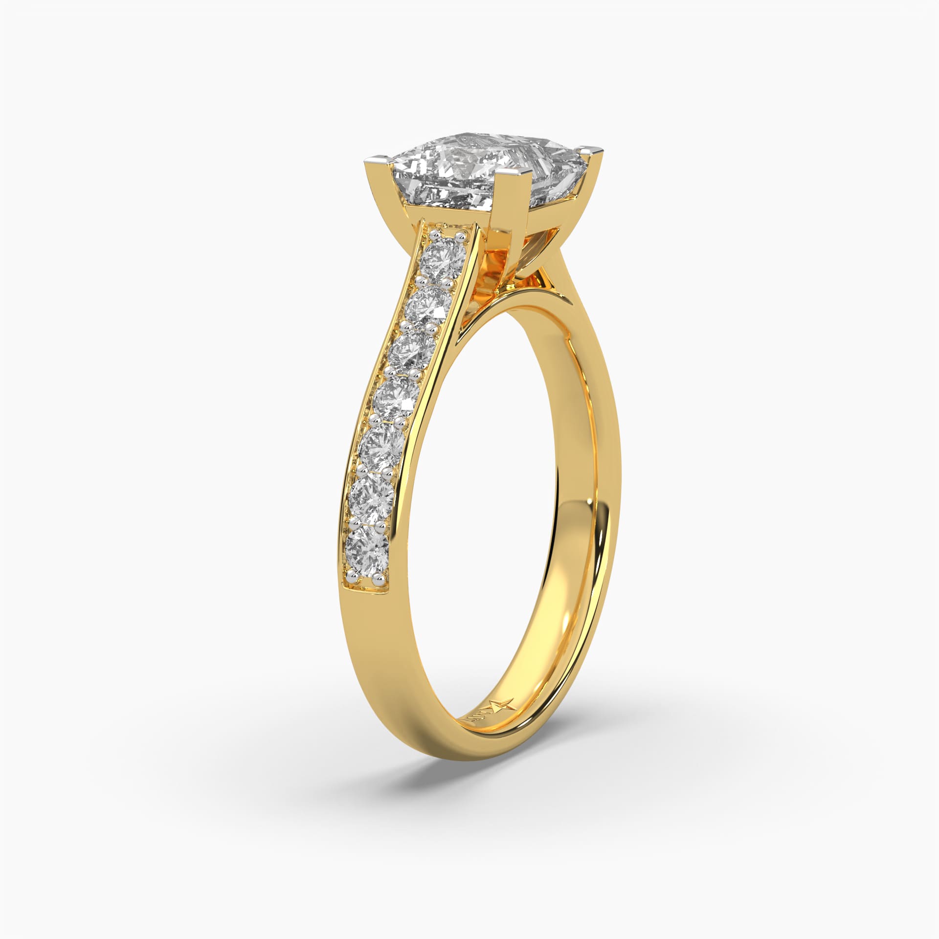 Side view of MYZA Diamonds' 2-carat eternity band with princess cut lab-grown diamonds in 18K hallmark gold. This angle showcases the refined profile and secure setting of the square-cut diamonds, emphasizing the ring’s elegant craftsmanship and sustainable luxury, ideal for timeless style.