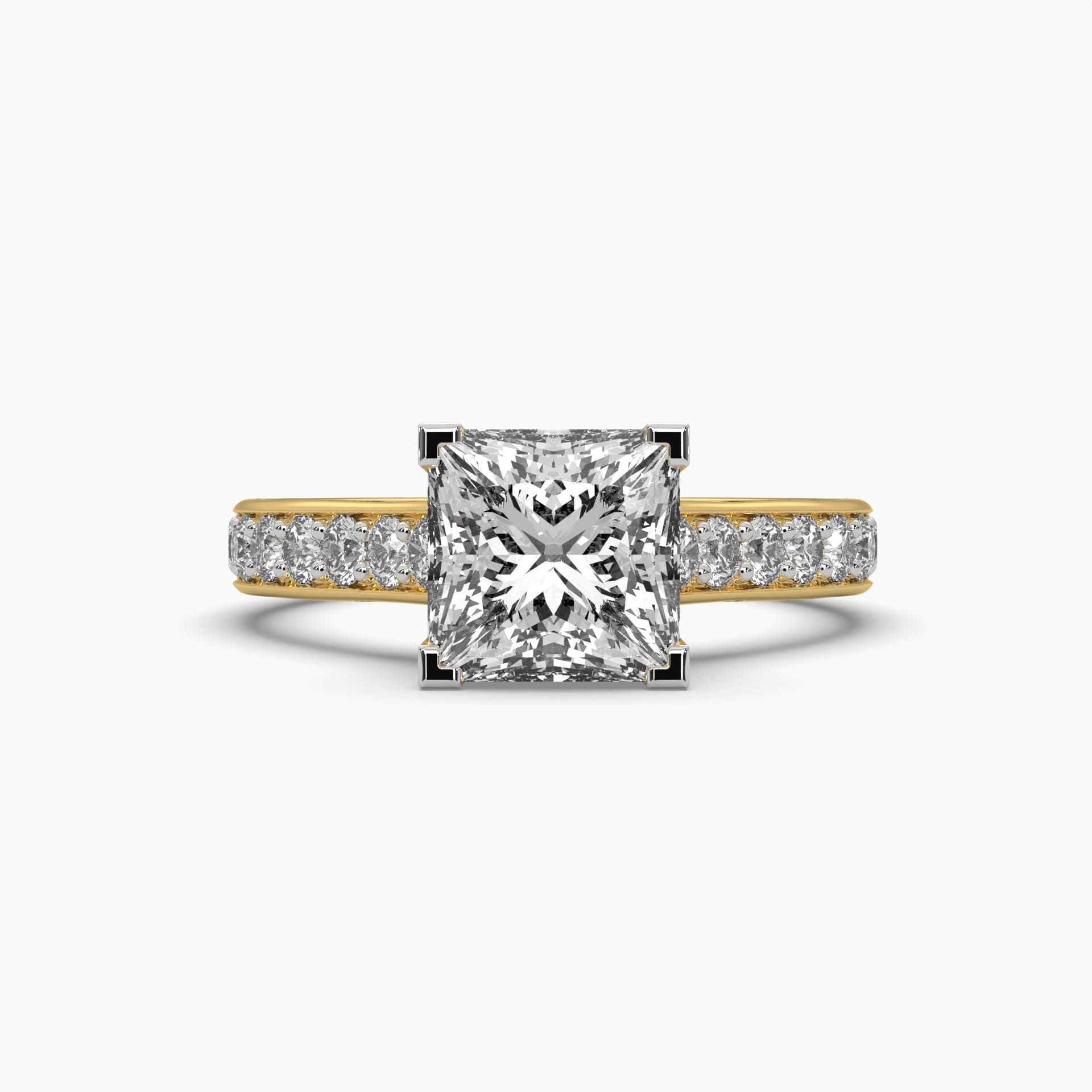 Front view of MYZA Diamonds' 2-carat eternity band with princess cut lab-grown diamonds in 18K hallmark gold. This close-up captures the continuous row of square-cut diamonds, showcasing the ring’s brilliant sparkle, fine detailing, and sustainable luxury, perfect for weddings or special moments.