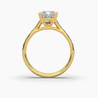 Standing view of MYZA Diamonds' 2-carat eternity band with princess cut lab-grown diamonds in 18K hallmark gold. This angle highlights the ring’s upright profile, showcasing the continuous line of square-cut diamonds and their sophisticated sparkle, a perfect combination of sustainable luxury and timeless elegance.