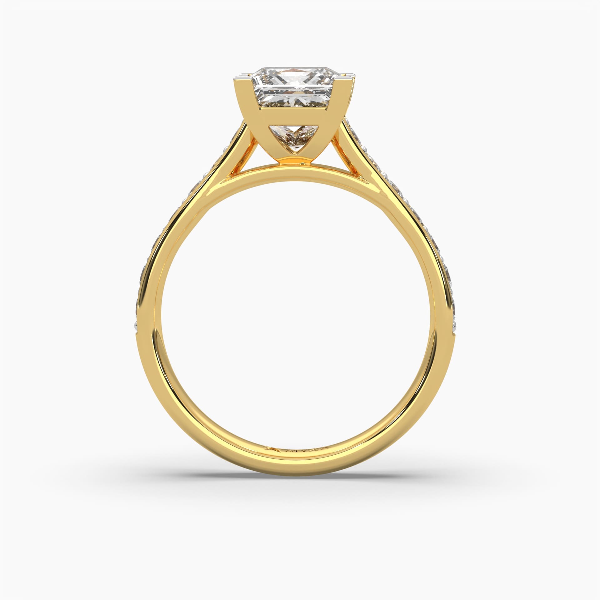 Standing view of MYZA Diamonds' 2-carat eternity band with princess cut lab-grown diamonds in 18K hallmark gold. This angle highlights the ring’s upright profile, showcasing the continuous line of square-cut diamonds and their sophisticated sparkle, a perfect combination of sustainable luxury and timeless elegance.