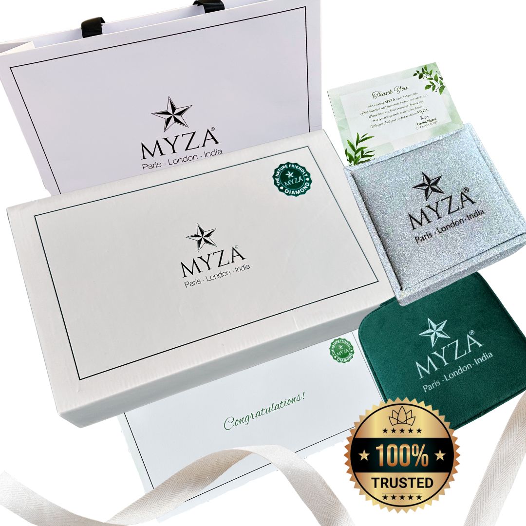 MYZA full Gifting kit product box with IGI certified lab-grown diamond & gold products, featuring ISO & BIS certification, hallmark assurance. Ideal for eco-conscious consumers seeking quality assurance & ethical sourcing. Perfect gift set with certified diamonds & gold pieces for environmentally-friendly luxury. Explore MYZA's sustainable gifting solutions.