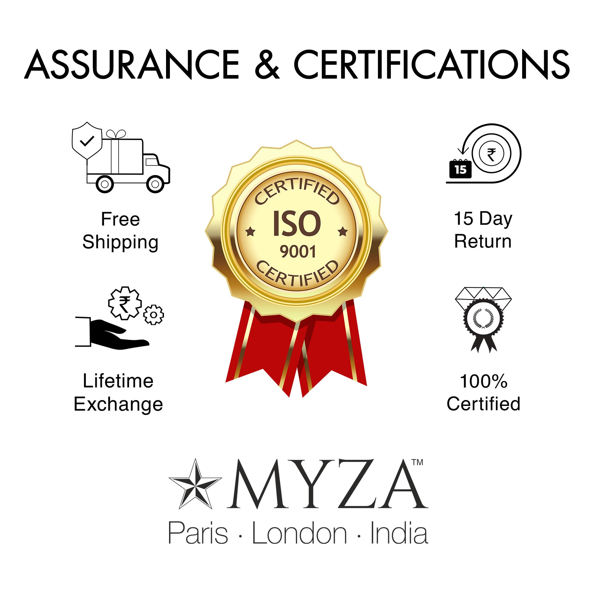 MYZA brand assurance and certification icons on a white background