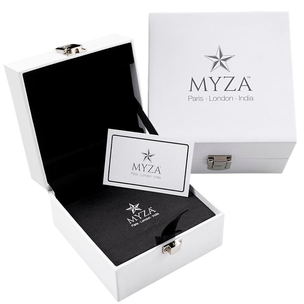 MYZA branded jewelry box with black interior and white exterior on a white background