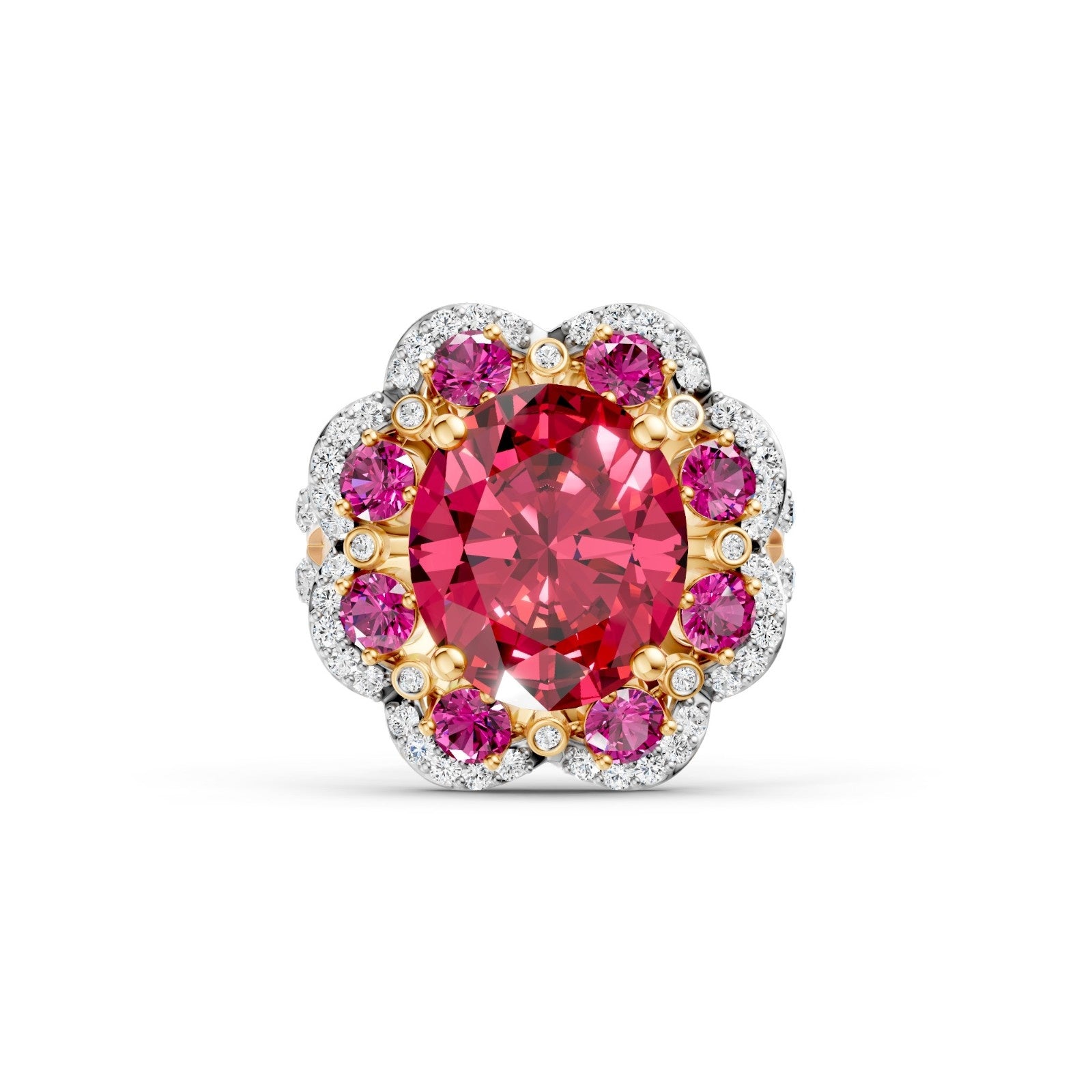 The design features a magnificent 6.6-carat oval-cut ruby surrounded by a brilliant halo of certified lab-grown diamonds, blending regal, vintage-inspired aesthetics with modern craftsmanship. Set in polished 14K hallmarked gold, the silhouette is engineered to elongate the finger while maximizing light play for a bold, high-contrast sparkle.