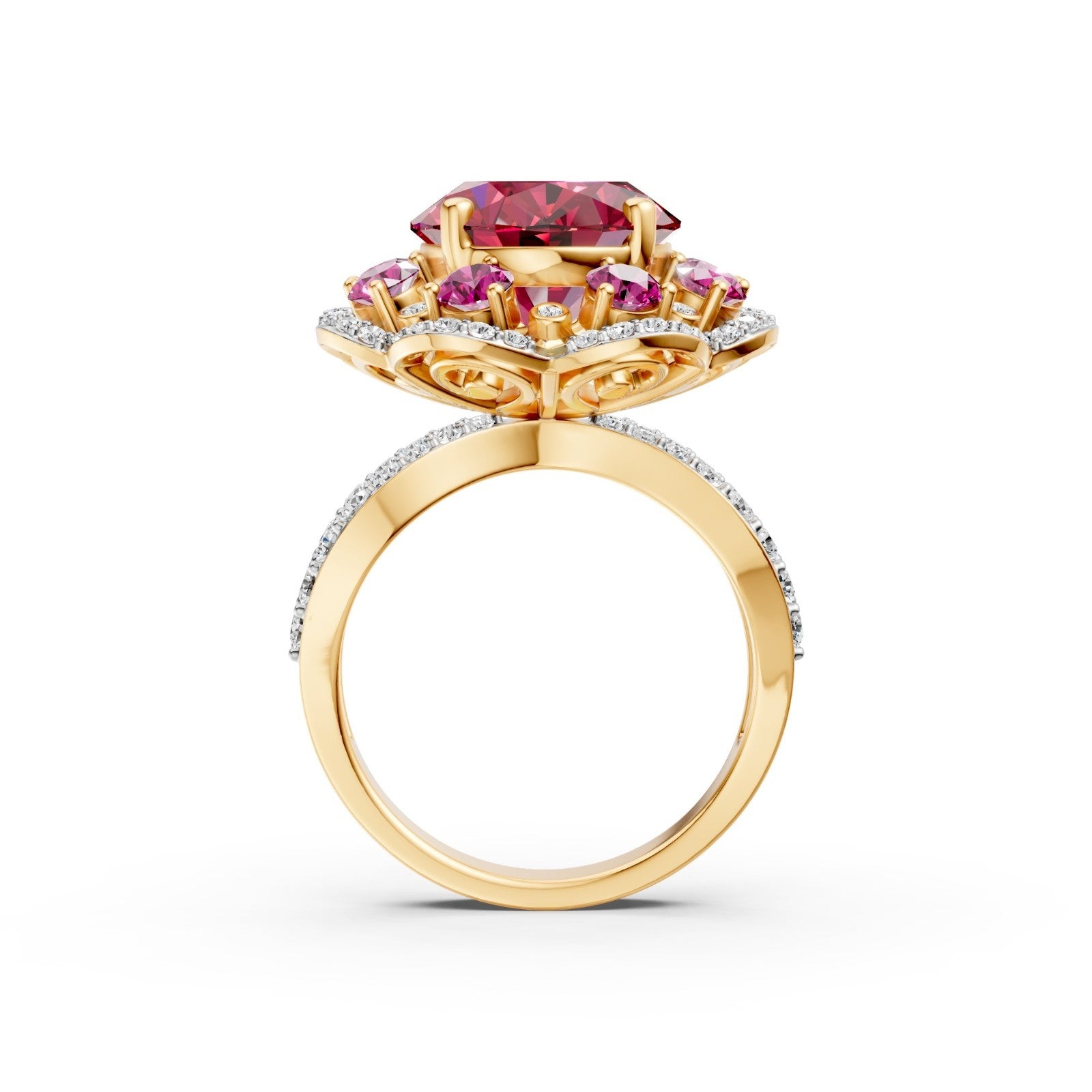 The design features a magnificent 6.6-carat oval-cut ruby surrounded by a brilliant halo of certified lab-grown diamonds, blending regal, vintage-inspired aesthetics with modern craftsmanship. Set in polished 14K hallmarked gold, the silhouette is engineered to elongate the finger while maximizing light play for a bold, high-contrast sparkle.