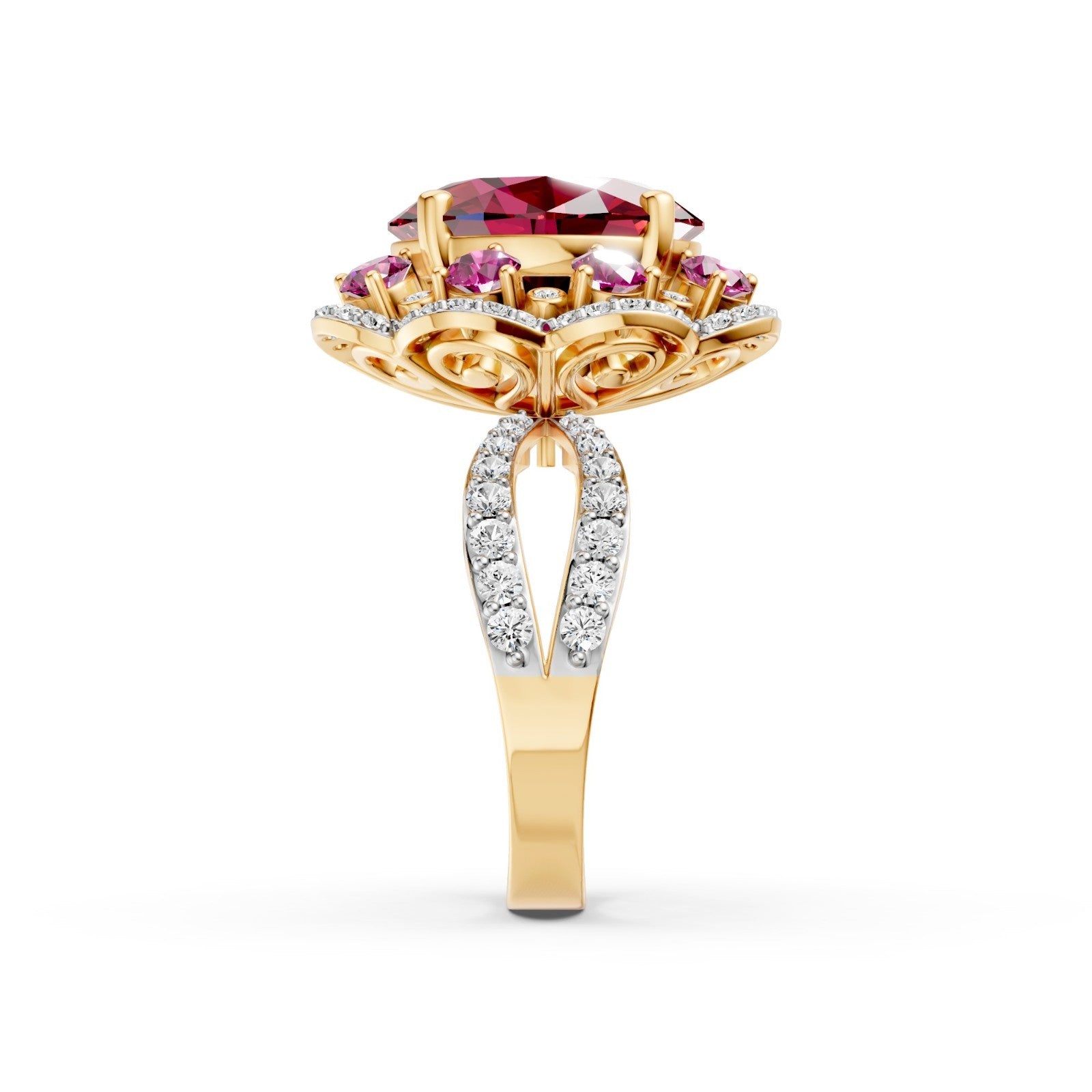 The design features a magnificent 6.6-carat oval-cut ruby surrounded by a brilliant halo of certified lab-grown diamonds, blending regal, vintage-inspired aesthetics with modern craftsmanship. Set in polished 14K hallmarked gold, the silhouette is engineered to elongate the finger while maximizing light play for a bold, high-contrast sparkle.