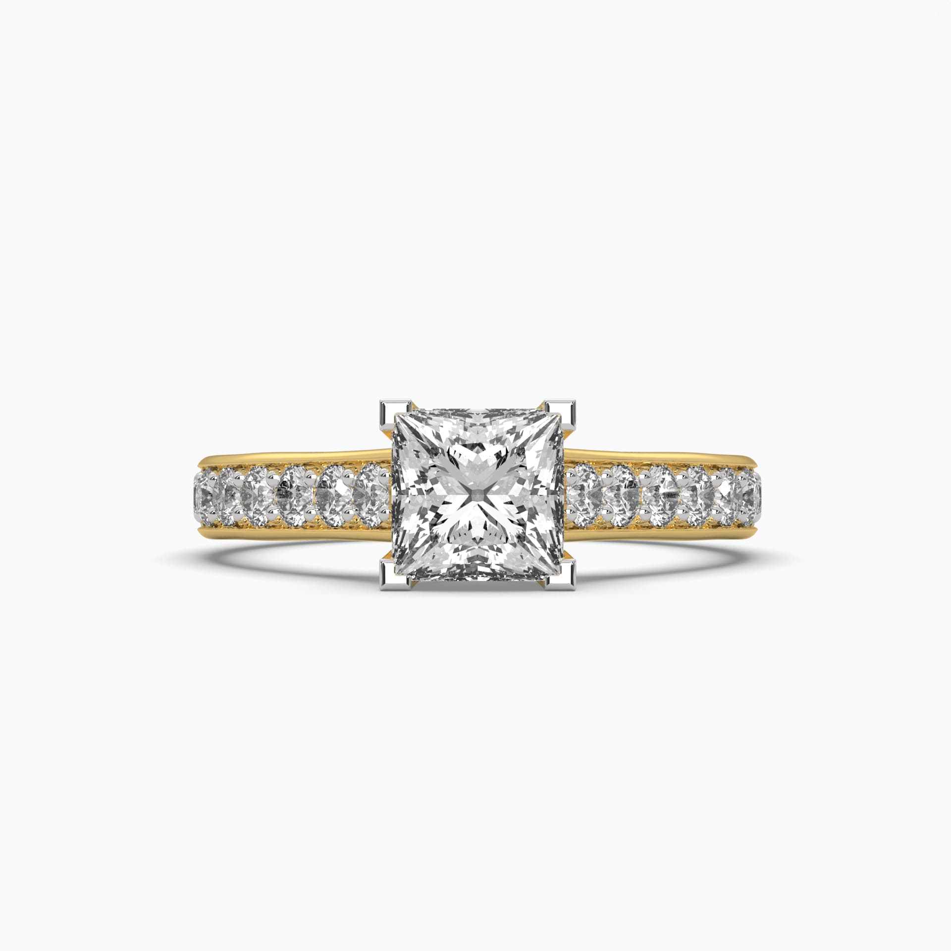 Front view of MYZA Diamonds' eternity band featuring princess cut lab-grown diamonds in 18K hallmark gold. This stunning ring showcases a continuous circle of square-cut diamonds, emphasizing the precision and brilliance of each stone set in a luxurious, sustainable design, perfect for engagements or special occasions.