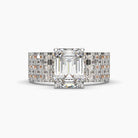 Front view of MYZA Diamonds' set of three emerald cut lab-grown diamond stacking rings in 18K hallmark gold. The rings, each featuring a stunning lab-grown diamond, are designed to be stacked together for a luxurious and customizable look, perfect for engagement or adding elegance to any occasion.