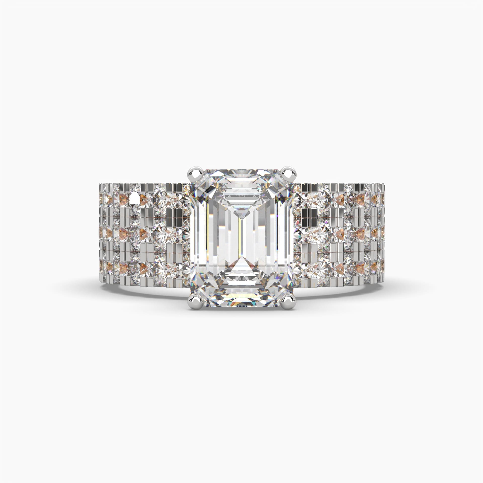 Front view of MYZA Diamonds' set of three emerald cut lab-grown diamond stacking rings in 18K hallmark gold. The rings, each featuring a stunning lab-grown diamond, are designed to be stacked together for a luxurious and customizable look, perfect for engagement or adding elegance to any occasion.