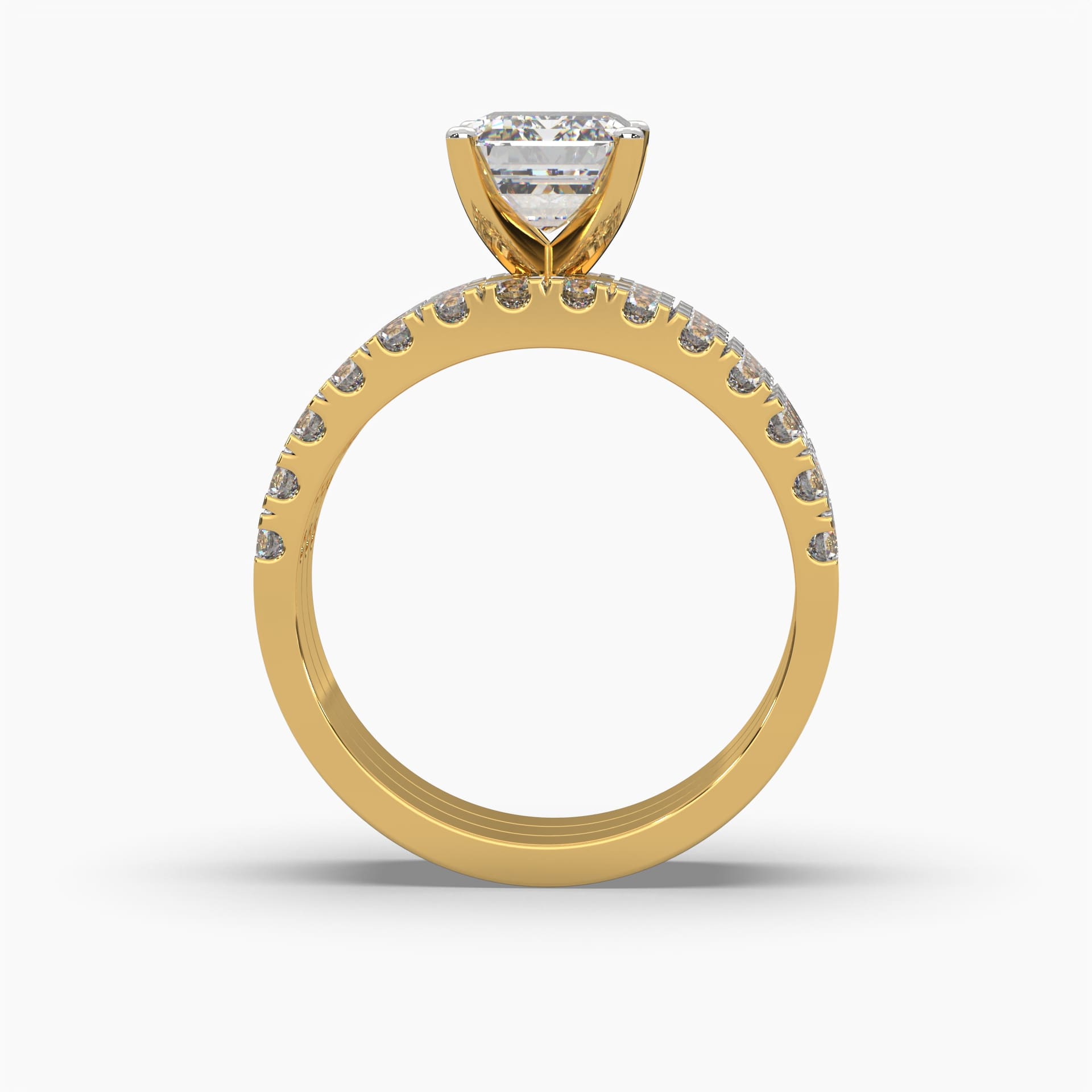 Front standing view of MYZA Diamonds' set of three emerald cut lab-grown diamond stacking rings in 18K hallmark gold. The rings are elegantly displayed, showcasing the brilliant lab-grown diamonds and the intricate band designs, making it a perfect choice for a luxurious, sustainable stacking style for engagement or special occasions.