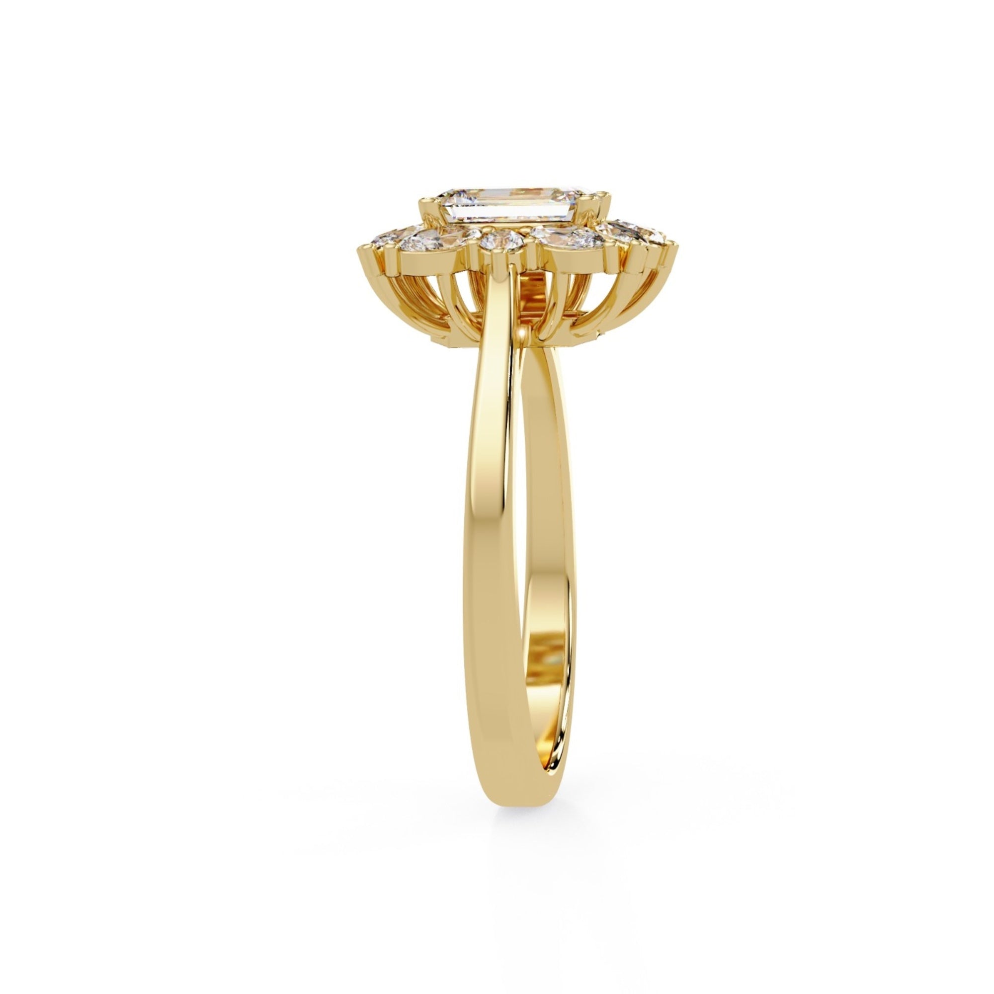 Shop MYZA's 1.76 ct IGI certified emerald cut lab-grown diamond ring in 18K hallmark gold. Ethically grown, BIS hallmarked, with round & marquise accents.