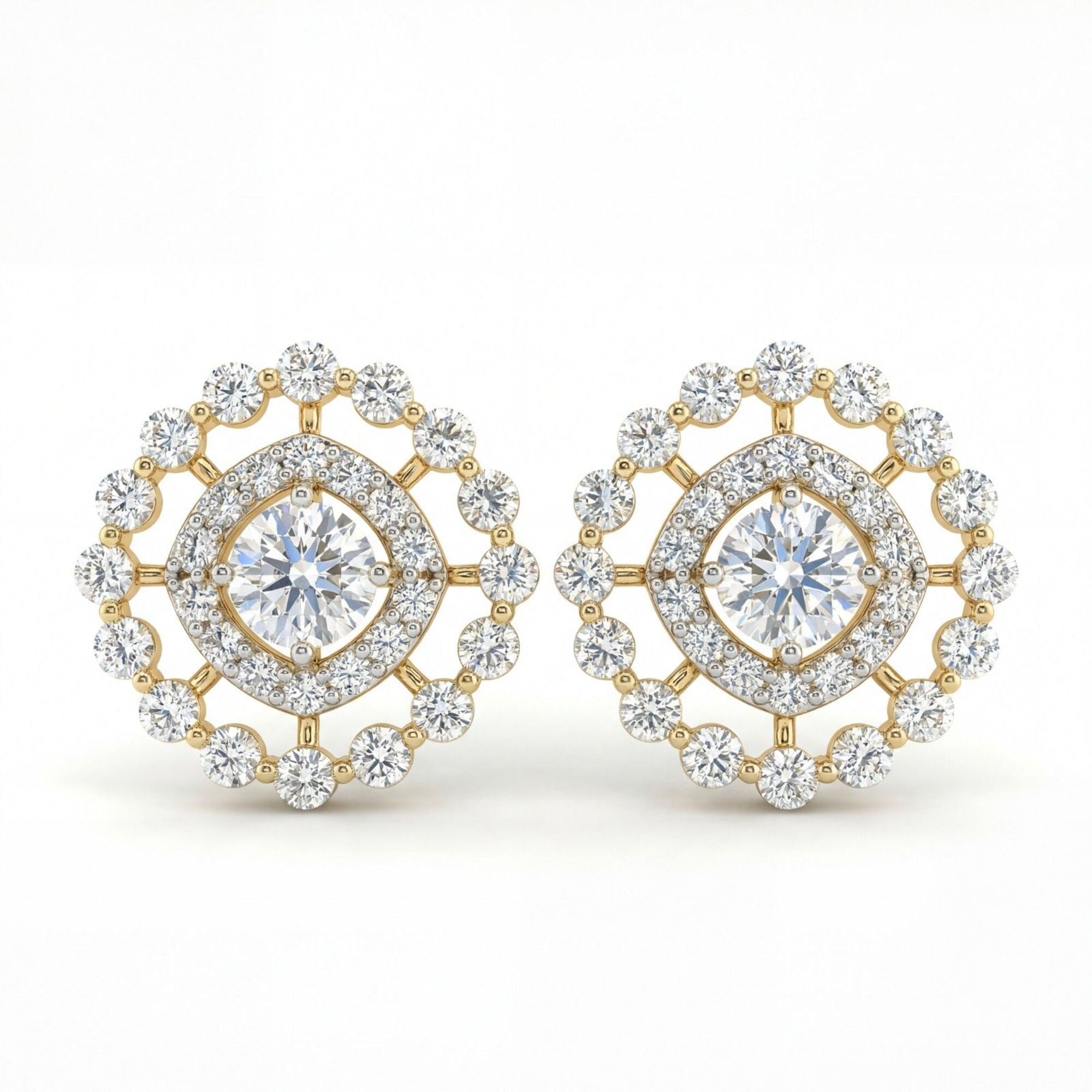 2.38 Carats (1.19-Carat Each x 2 Pcs) MYZA Certified Round Brilliant Lab-Grown Diamond Halo Earrings in 18K Hallmarked Gold