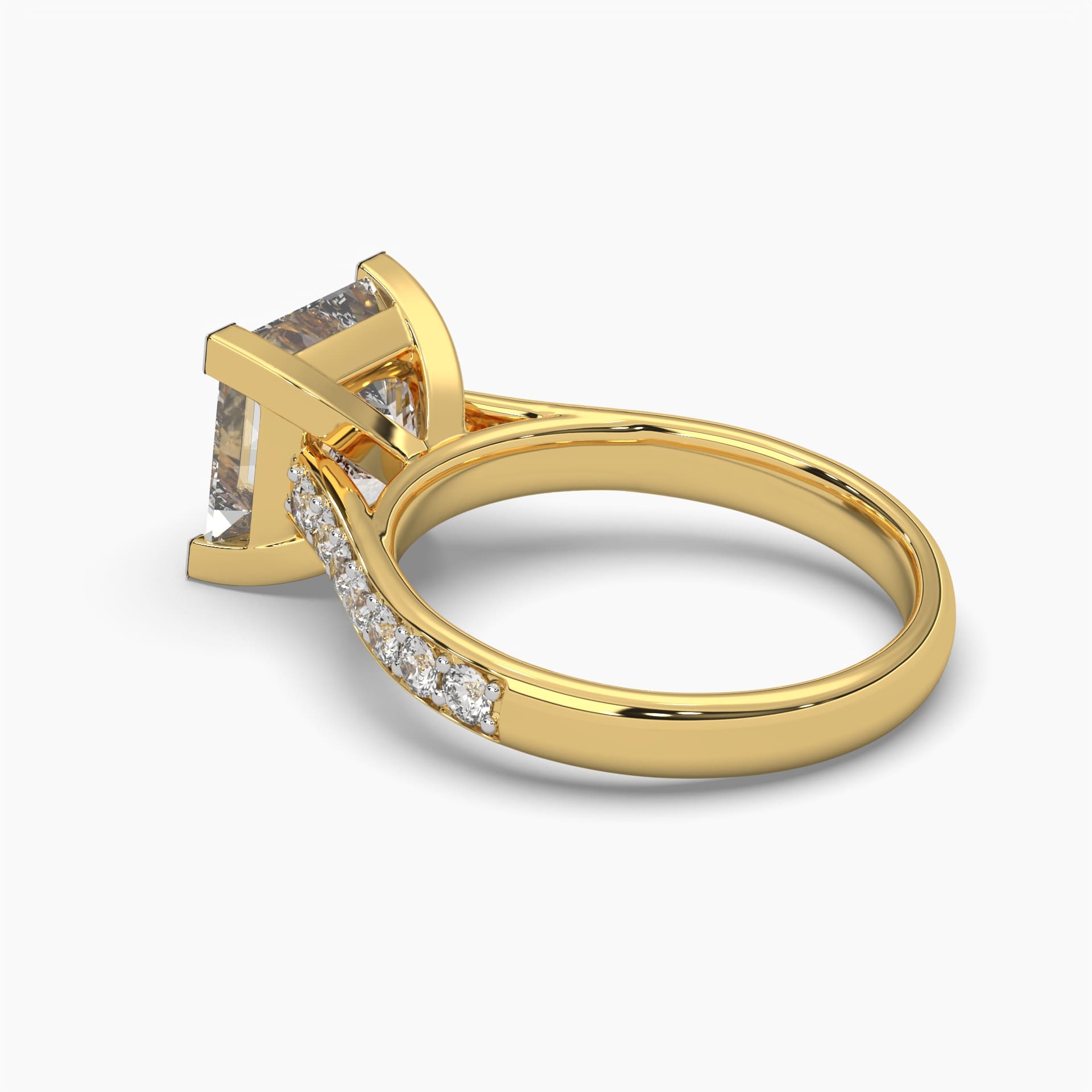 Side angle view of MYZA’s 4-carat eternity band with princess cut lab-grown diamonds set in 18K hallmark gold. This perspective showcases the refined profile of the ring, emphasizing the continuous row of sparkling square-cut diamonds and the elegant, sustainable craftsmanship.