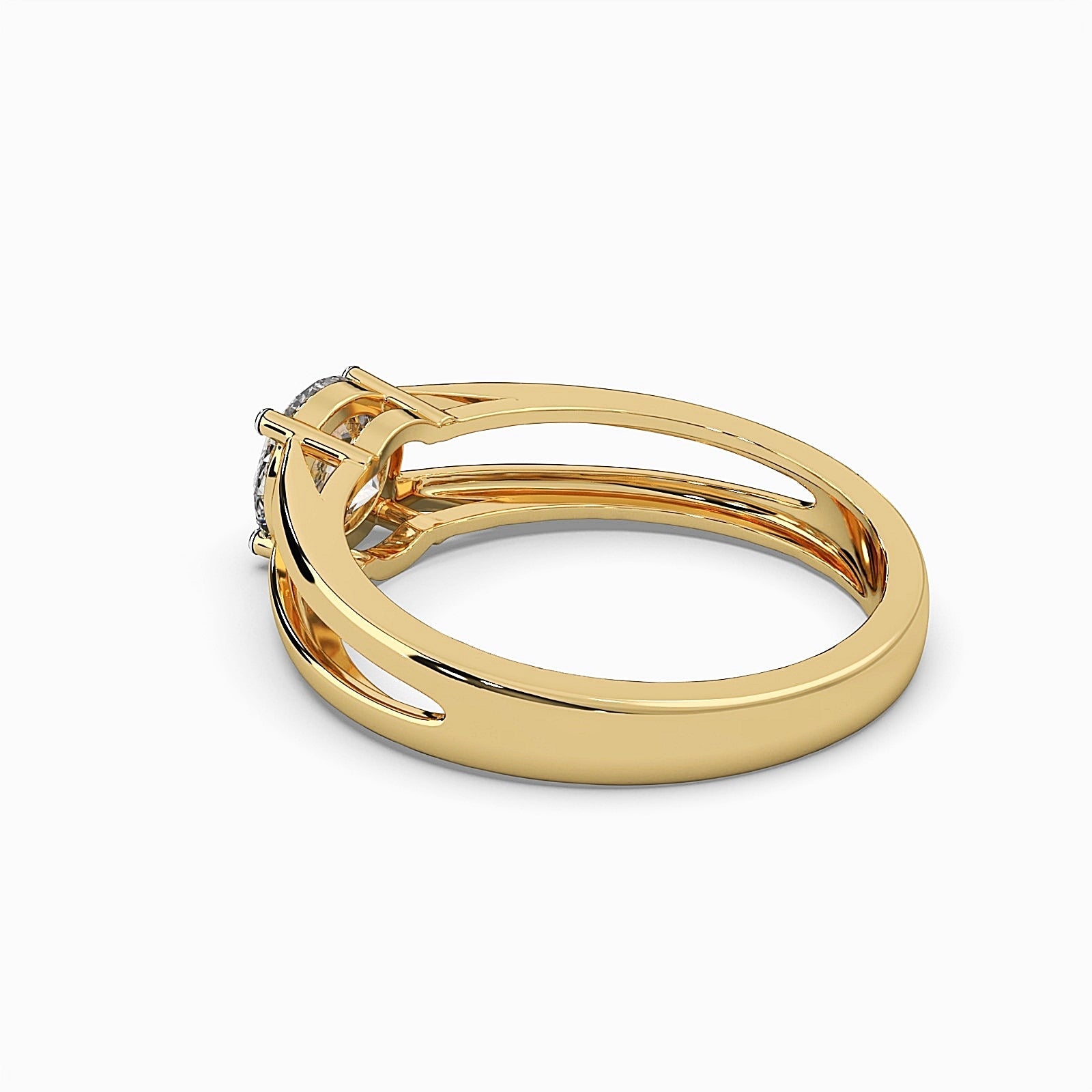 Side back view of MYZA’s 1-carat dual band ring featuring IGI certified lab-grown diamonds in 18K hallmark gold. This angle emphasizes the smooth, refined profile of the ring and the seamless connection between the two bands, showcasing its sustainable luxury and modern elegance.