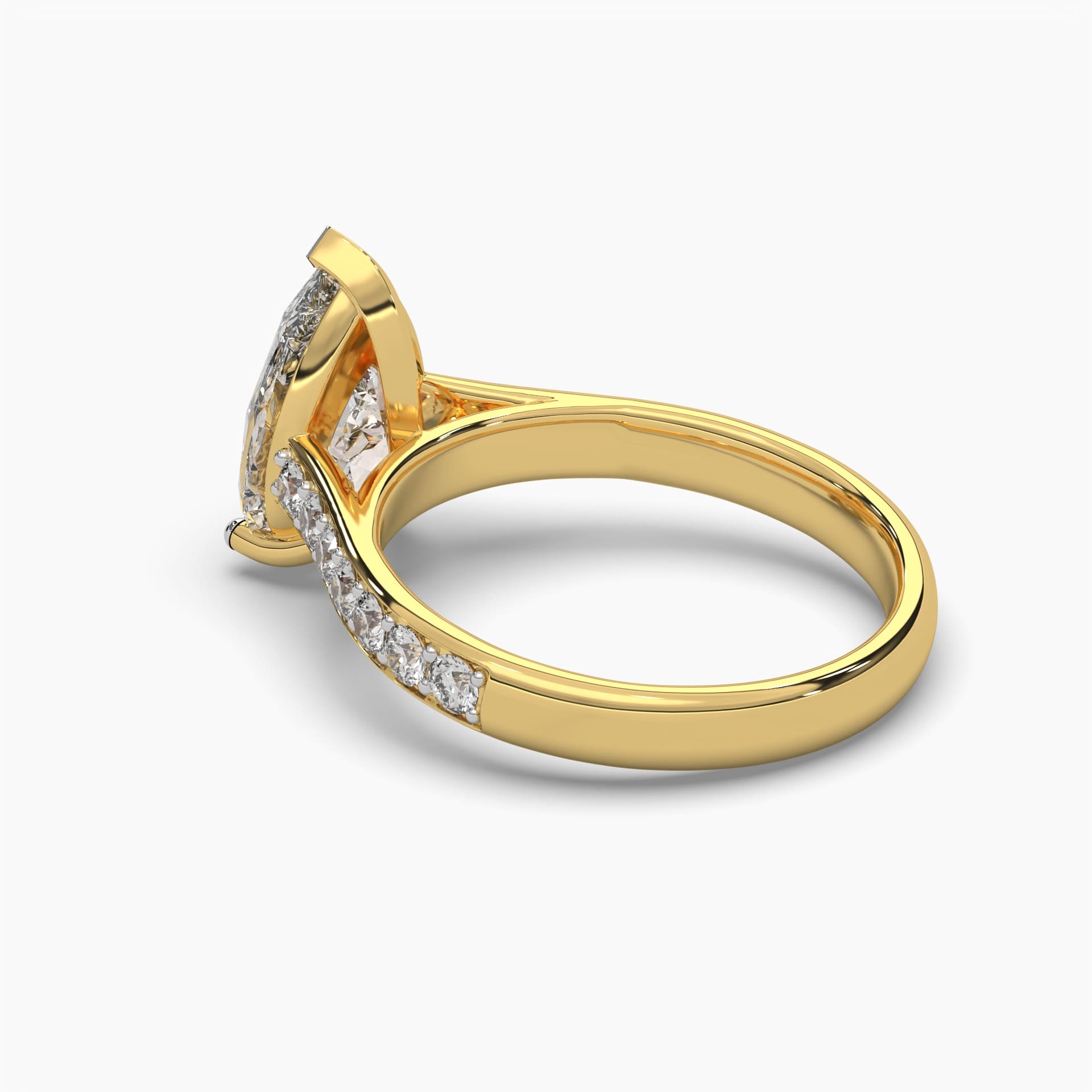 Side back view of MYZA Diamonds' 3-carat eternity band with pear cut lab-grown diamonds in 18K hallmark gold. This angle highlights the profile of the band and the secure setting of each pear-shaped diamond, showcasing the ring's elegant craftsmanship and continuous sparkle from the back. Perfect for those seeking sustainable luxury.