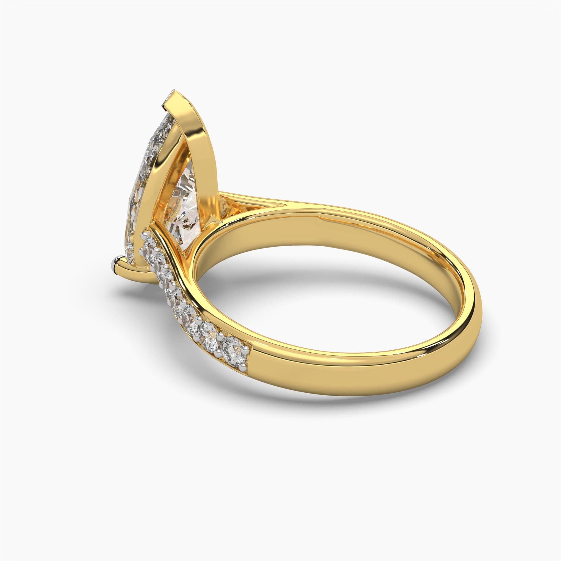 Side view of MYZA Diamonds' 4-carat eternity band with pear cut lab-grown diamonds set in 18K hallmark gold. This angle showcases the profile of the band, emphasizing the secure setting and seamless design of the pear-shaped diamonds, highlighting the ring's refined elegance and brilliant craftsmanship, perfect for any special occasion.