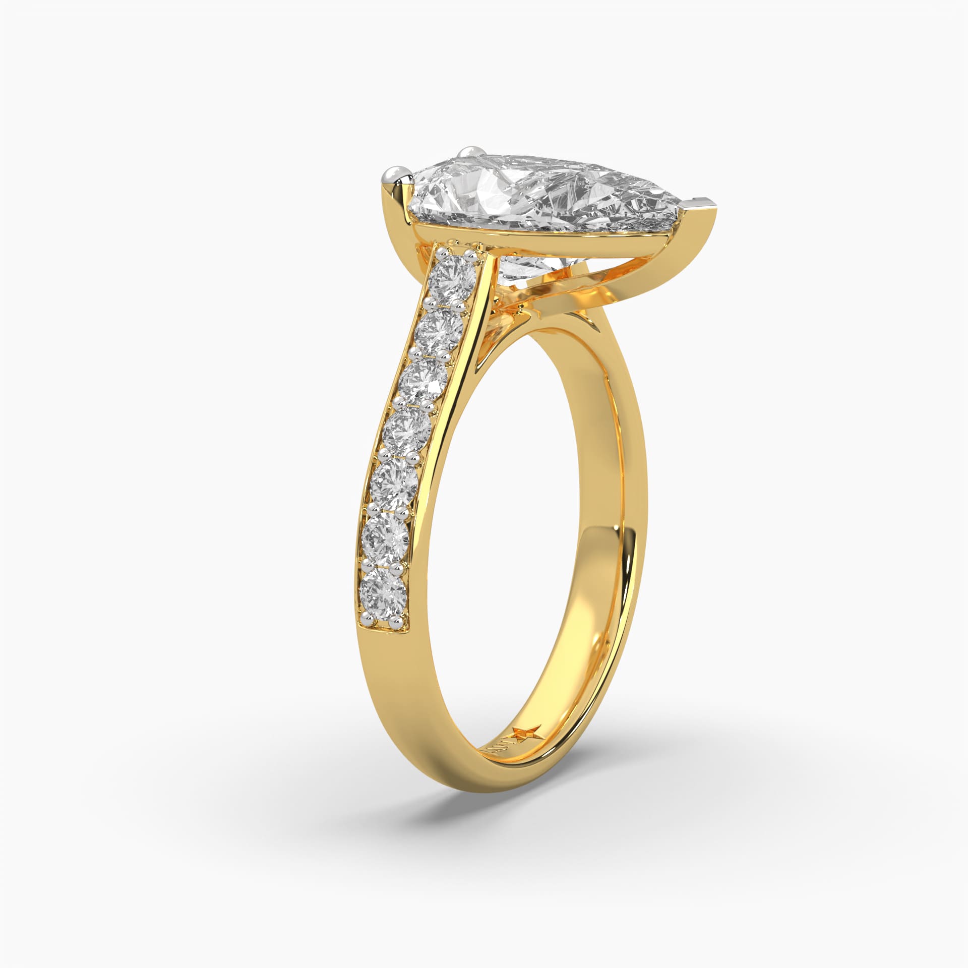 Side standing view of MYZA Diamonds' 4-carat eternity band with pear cut lab-grown diamonds in 18K hallmark gold. This angle highlights the elegant profile of the band and the continuous line of pear-shaped diamonds, showcasing the luxurious craftsmanship and brilliant sparkle from the side, ideal for special occasions or engagements.