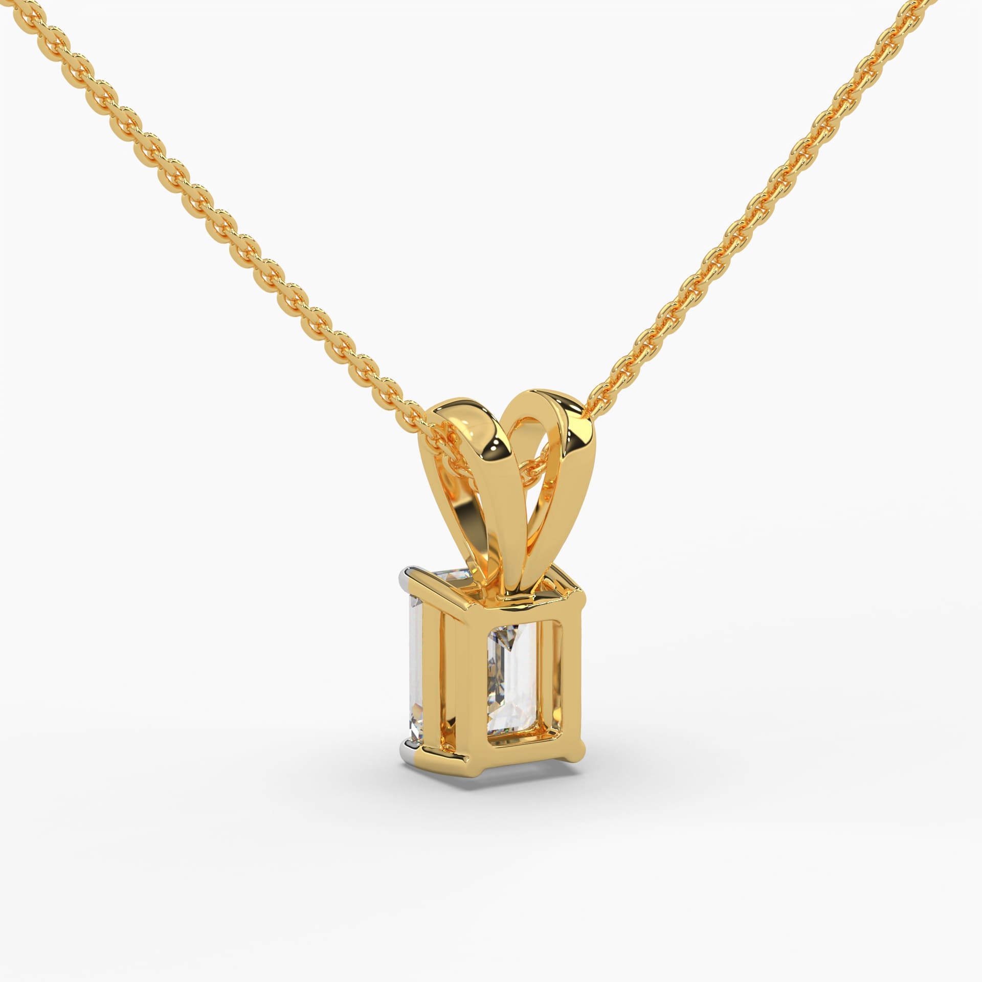 Side profile of an elegant lab grown emerald cut diamond pendant, highlighting the solitaire setting and delicate gold chain. Sustainable and stylish design by MYZA Diamonds, perfect for environmentally conscious jewelry lovers.