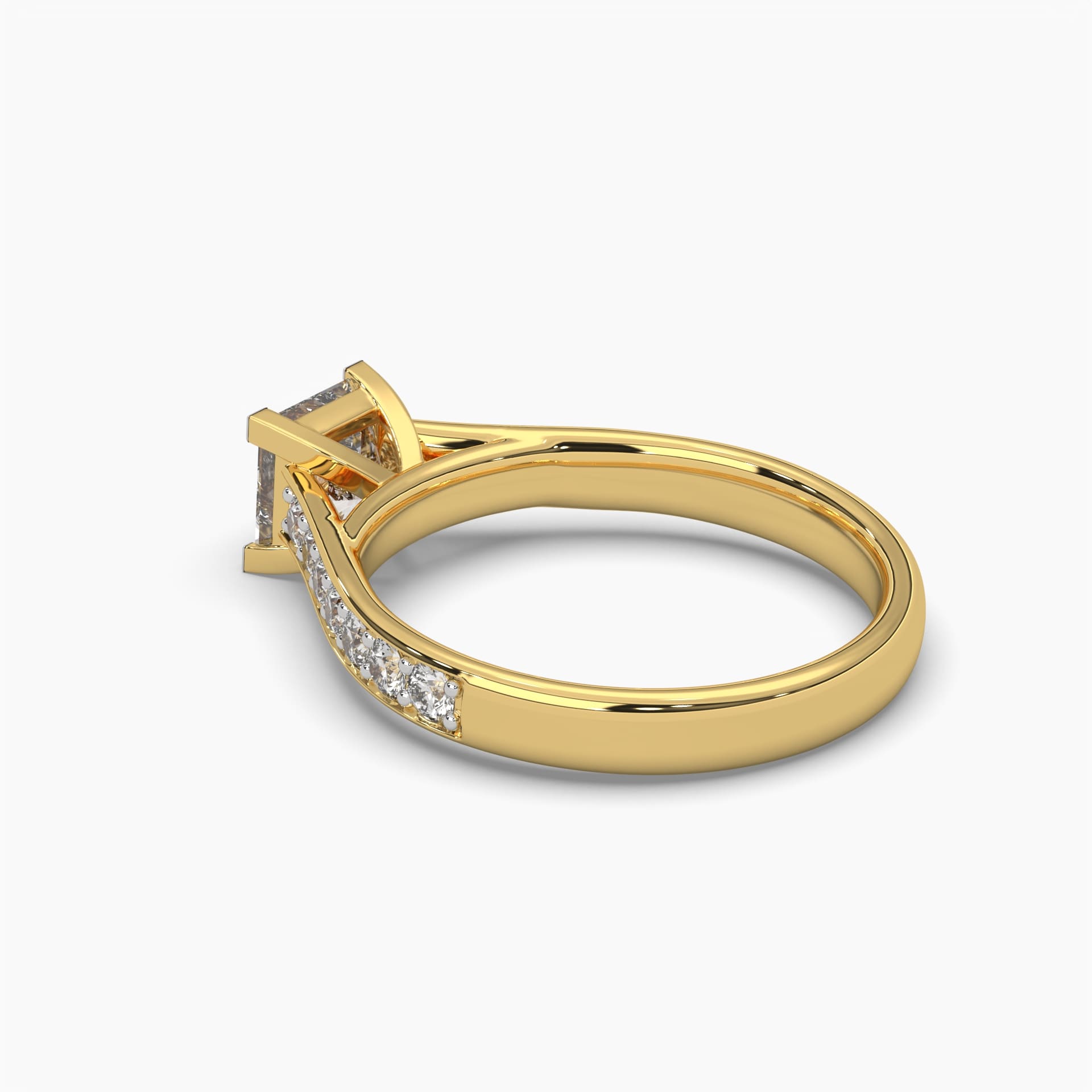 Side view of MYZA Diamonds' eternity band featuring princess cut lab-grown diamonds in 18K hallmark gold. This angle showcases the refined profile of the band, highlighting the seamless, secure setting of the square-cut diamonds, with a focus on the ring’s luxurious, sustainable design and brilliant craftsmanship.