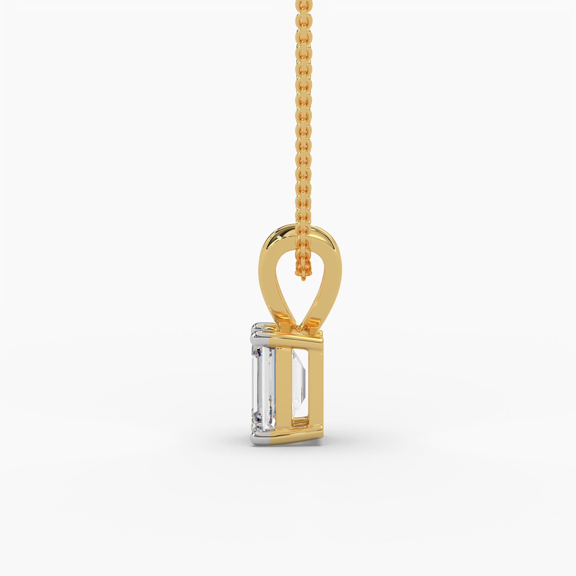 Side profile of a lab grown emerald cut diamond pendant on a gold chain, showcasing the elegant solitaire setting and fine craftsmanship. Sustainable and luxurious design by MYZA Diamonds, perfect for eco-conscious jewelry lovers.