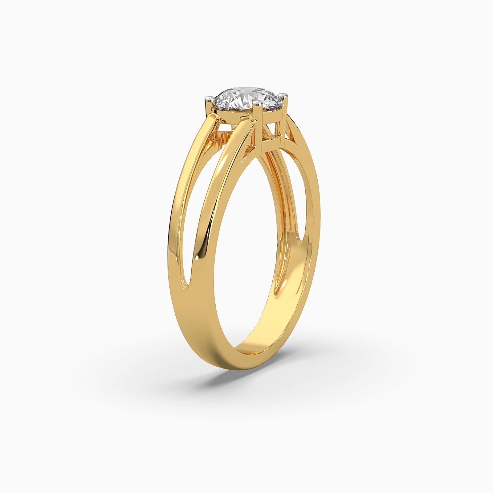 Side view of a standing 1-carat MYZA dual band ring with lab-grown diamonds in 18K hallmark gold. This angle highlights the unique dual-band design, showcasing the modern elegance and sustainable sparkle of lab-grown diamonds set in luxury gold.