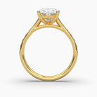 Standing angled view of MYZA Diamonds' 3-carat oval cut lab-grown diamond ring in 18K hallmark gold. This perspective showcases the ring’s profile, highlighting the height and elegance of the 3-carat diamond, along with the craftsmanship of the band, perfect for a sustainable and luxurious engagement ring.