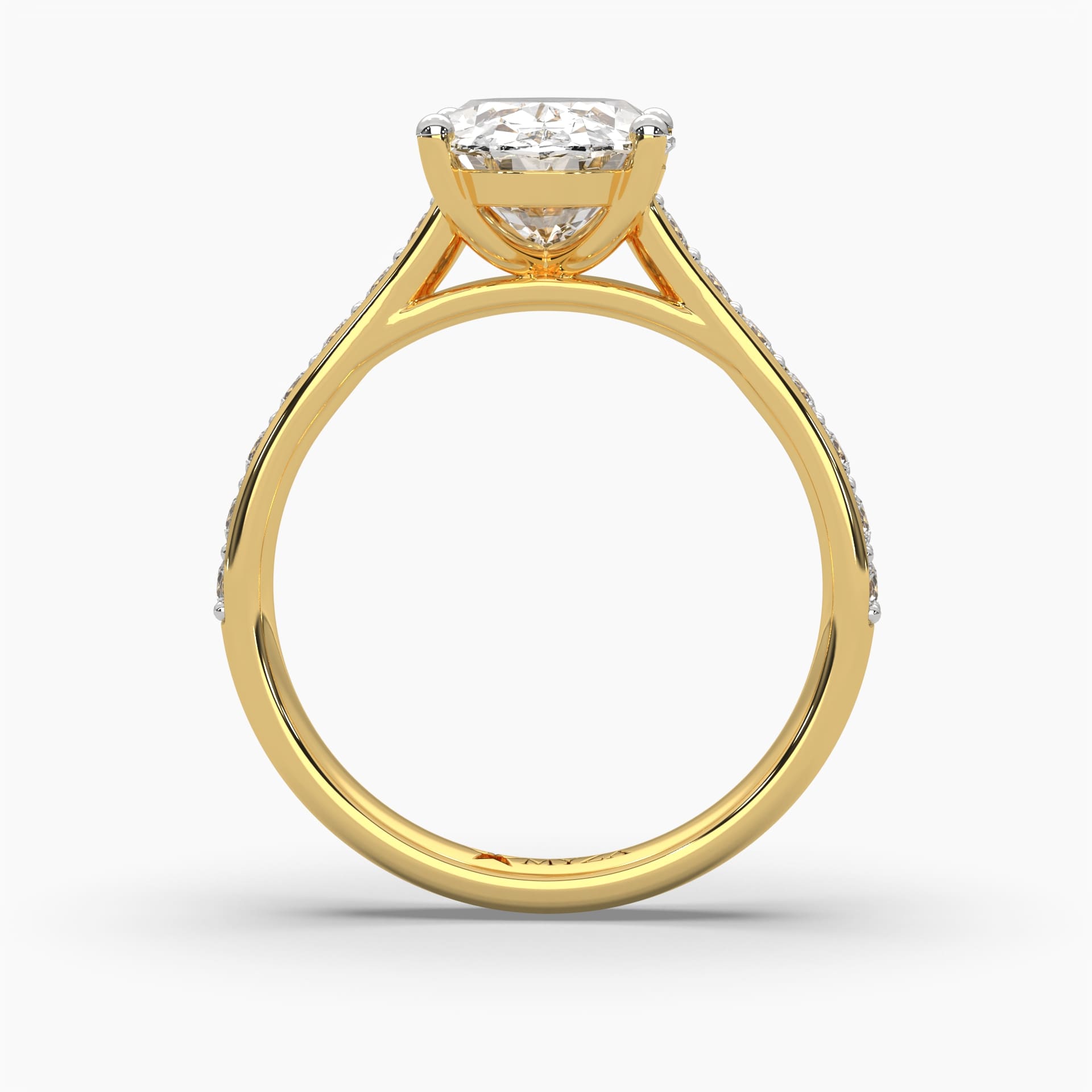 Standing angled view of MYZA Diamonds' 3-carat oval cut lab-grown diamond ring in 18K hallmark gold. This perspective showcases the ring’s profile, highlighting the height and elegance of the 3-carat diamond, along with the craftsmanship of the band, perfect for a sustainable and luxurious engagement ring.