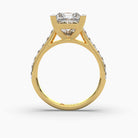 Standing front view of MYZA’s 5-carat eternity band with princess cut lab-grown diamonds set in 18K hallmark gold. This angle highlights the full brilliance and sparkle of the square-cut diamonds, emphasizing the luxurious, sustainable design and the timeless elegance of the ring.