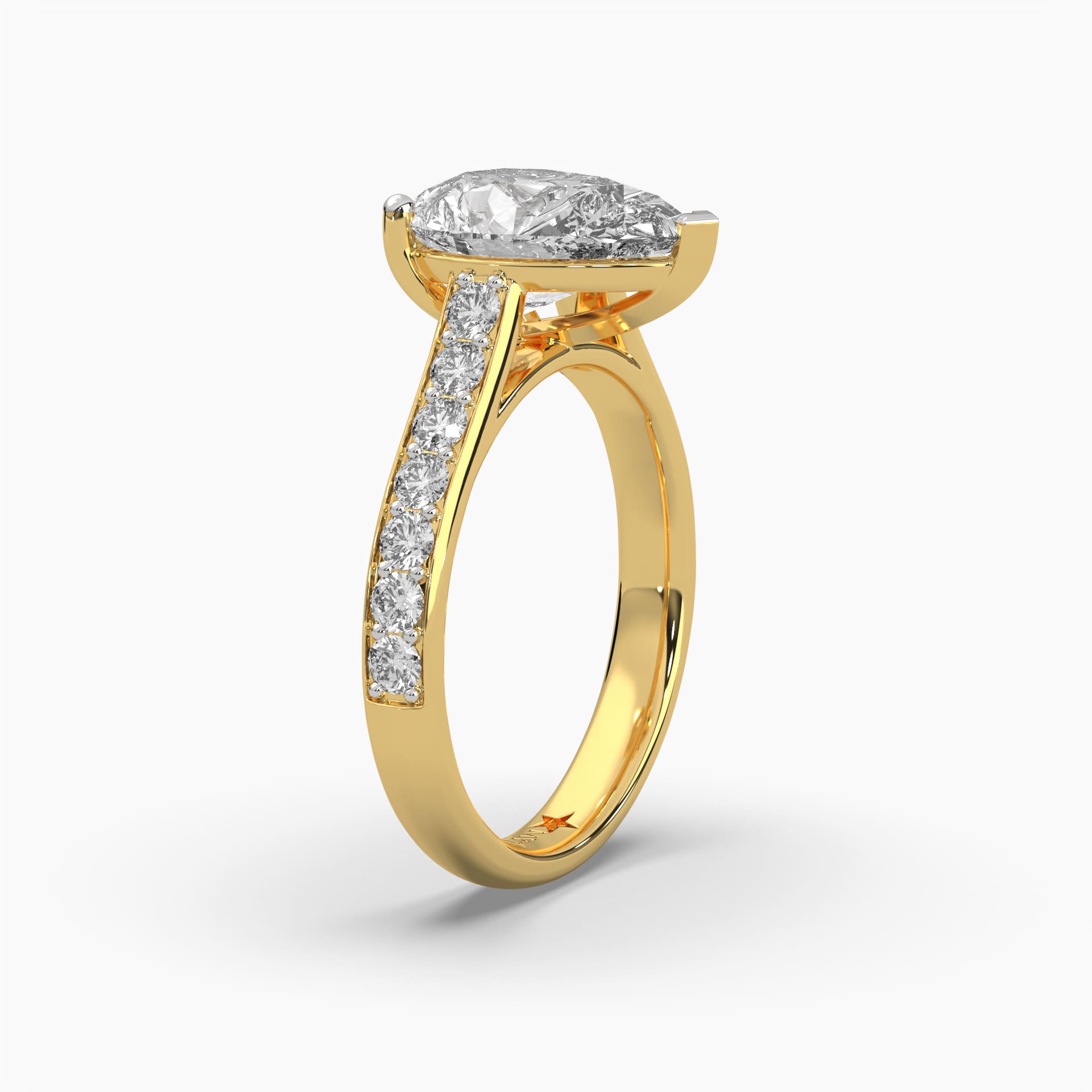 Standing side view of MYZA Diamonds' 3-carat eternity band with pear cut lab-grown diamonds in 18K hallmark gold. This angle highlights the elegant profile of the band, showcasing the continuous line of pear-shaped diamonds and their brilliant sparkle, emphasizing the ring's timeless luxury and sustainable craftsmanship.