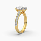 Standing side view of MYZA Diamonds' 3-carat oval cut lab-grown diamond ring in 18K hallmark gold. This angle highlights the ring’s profile, showing the height and setting of the 3-carat oval cut diamond, emphasizing its elegant design and sustainable luxury, perfect for engagement or wedding rings.