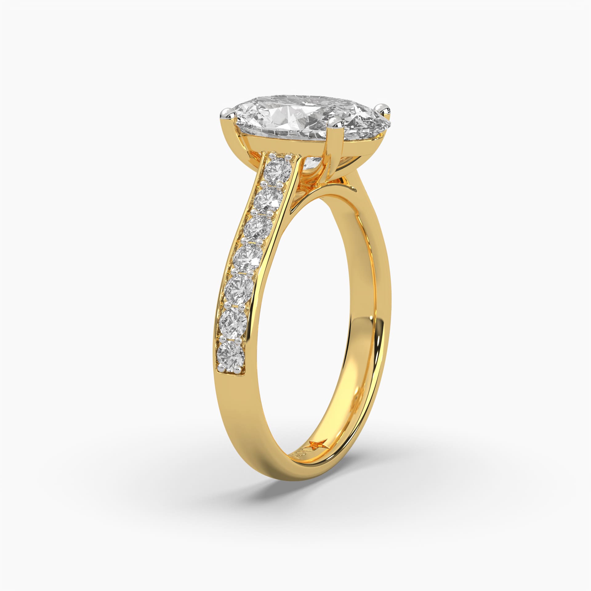 Standing side view of MYZA Diamonds' 3-carat oval cut lab-grown diamond ring in 18K hallmark gold. This angle highlights the ring’s profile, showing the height and setting of the 3-carat oval cut diamond, emphasizing its elegant design and sustainable luxury, perfect for engagement or wedding rings.