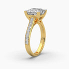 Standing side view of MYZA’s 4-carat eternity band with princess cut lab-grown diamonds in 18K hallmark gold. This angle emphasizes the sleek profile and precise diamond setting, showcasing the ring’s luxurious craftsmanship and sustainable design, with a focus on its timeless elegance.